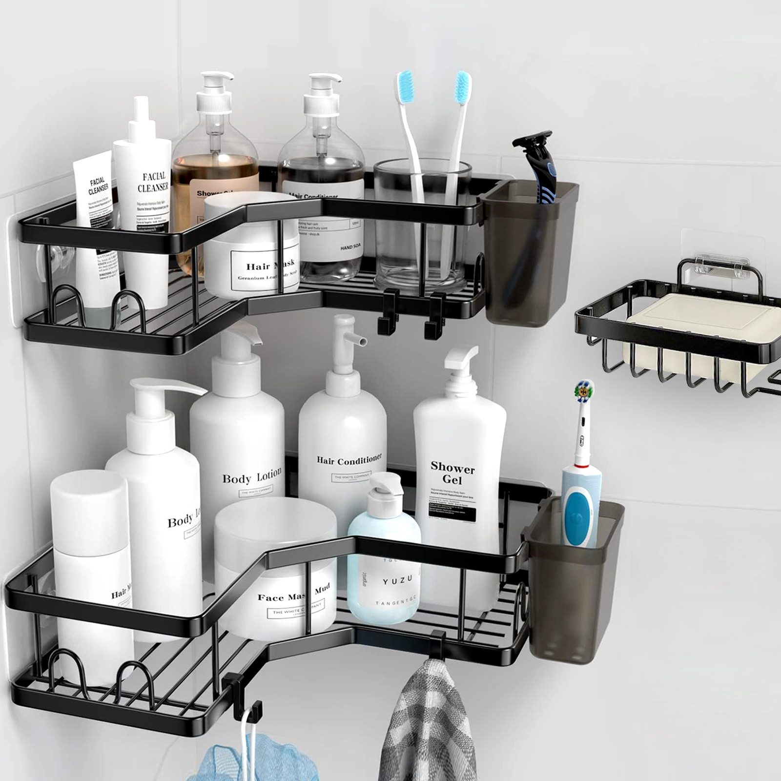 Fine Life Pro Duschablage ohne Bohren Rostfrei Schwarz Duschregal mit 4 Haken, 2-tlg., für Bad Küche Toilette,Badezimmer Regal Organizer