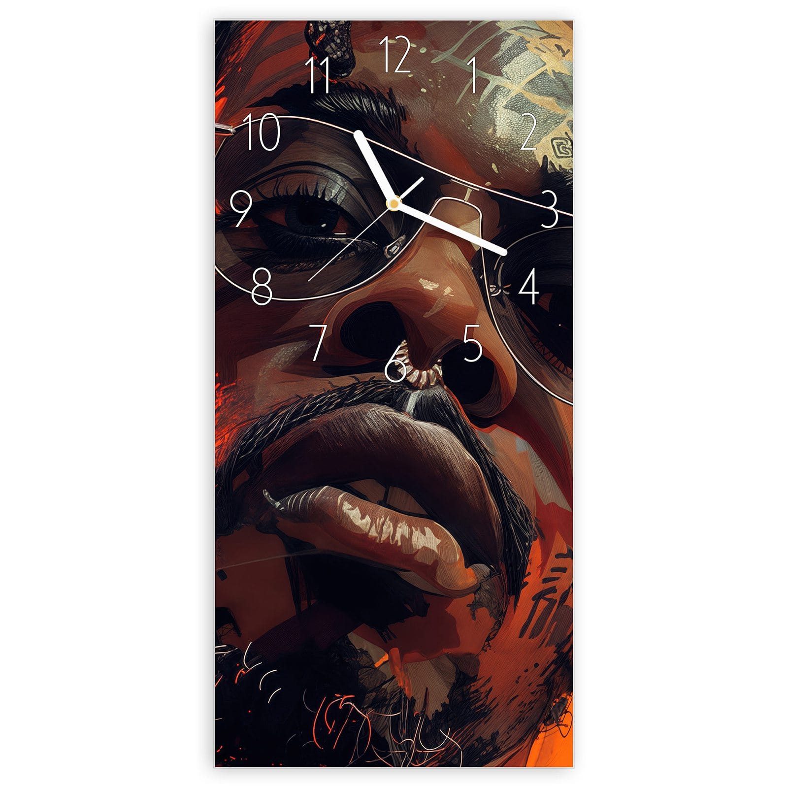 Wanduhr Glasuhr Wandkunst Größe 30 x 60 cm mit Motiv Stilvolle Brillengesicht