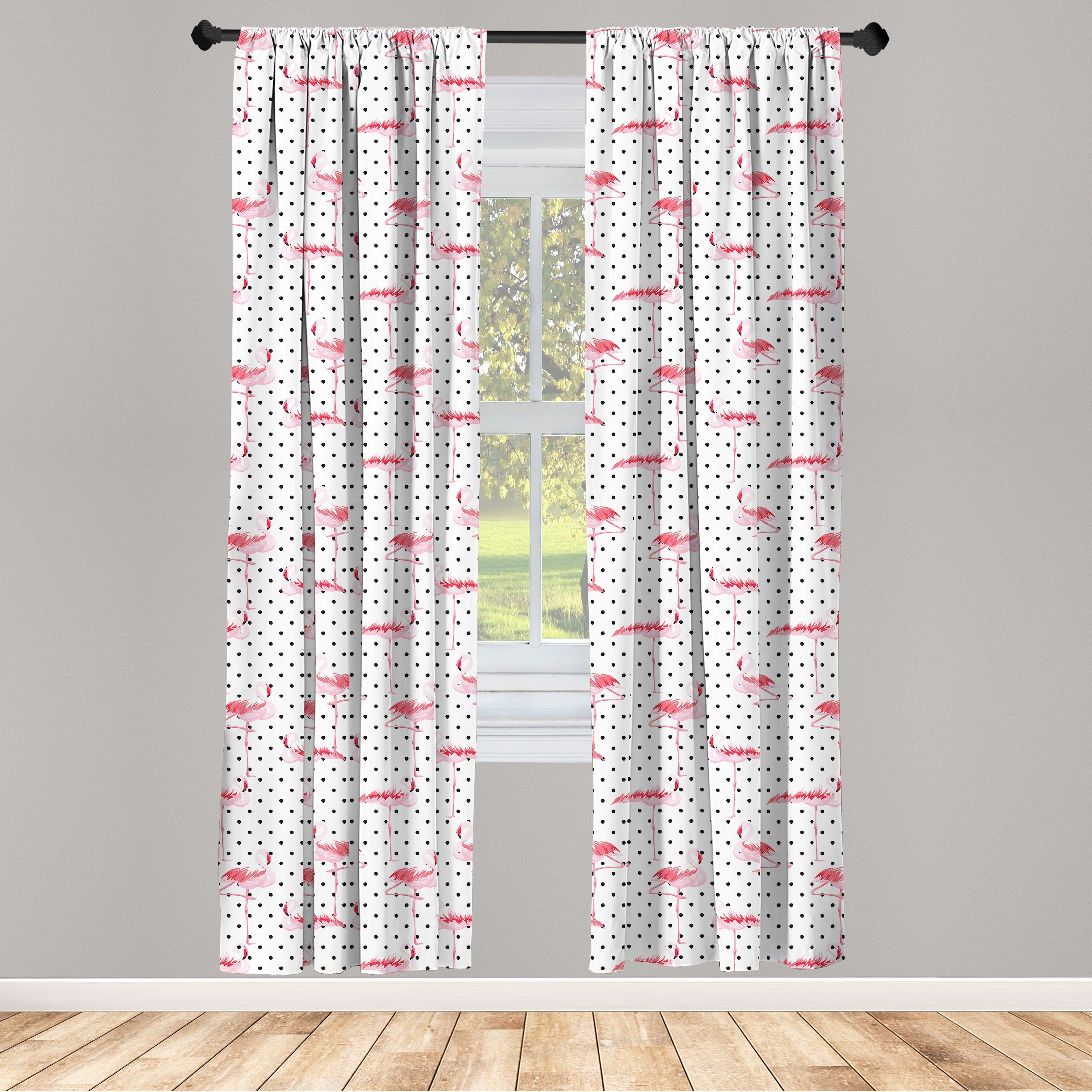 Gardine Vorhang für Microfaser, Flamingo Vögel Wohnzimmer Abakuhaus, Retro Schlafzimmer Tupfen Dekor