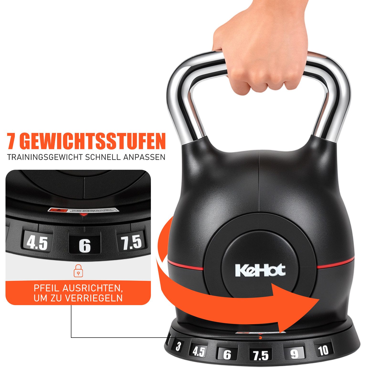 kehot Kettlebell Verstellbare Kettlebell Kugelhantel für Zuhause, (1,5–10 kg mit 7 Gewichtsstufen, Schnellverstellung mit kompakter Ablagebasis), Für Core, Swings und Ganzkörpertraining