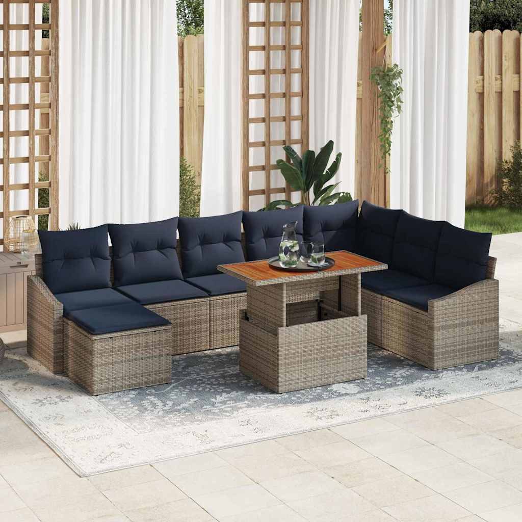 vidaXL Gartenlounge-Set Garten-Sofa-Set mit Speicher 9 pcs Grau Poly Rattan, (9-tlg)
