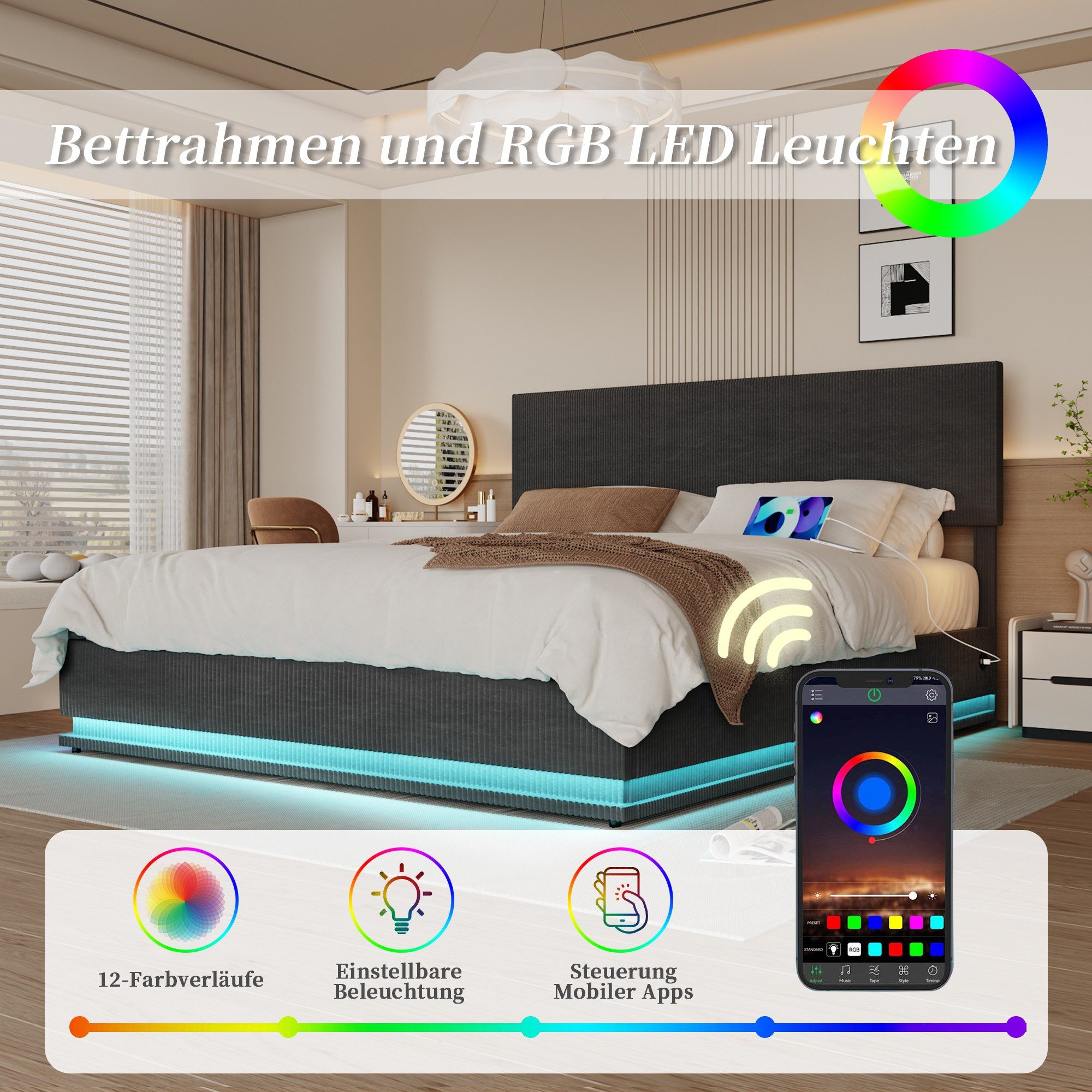 LVHOM Doppelbett 160x200 Cm Mit USB-Ladestation & Staukopfteil - Graues Velvet Bettgestell Mit 4 Schubladen