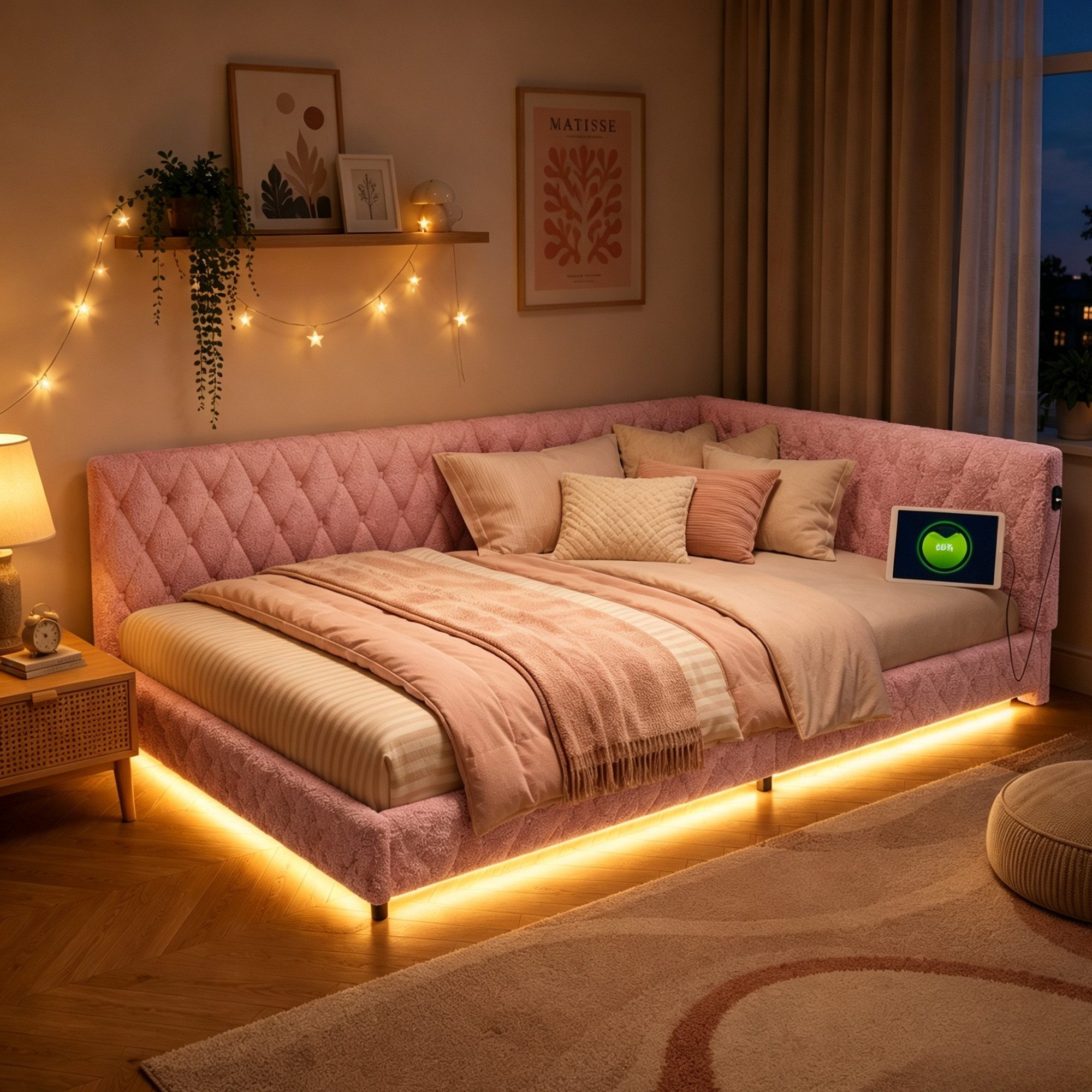 Simurq Polsterbett Daybett mit LED-Beleuchtung & USB, Tagesbett Jugendbett (Packung, 1-tlg., Teddysamt, in 2 Größen verfügbar), Schlafsofa Sofabett Doppelbett