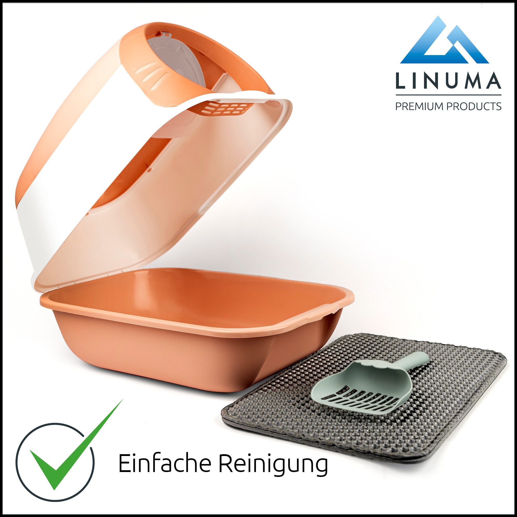 LINUMA Katzentoilette Katzenklo mit Deckel, Streumatte und Schaufel abnehmbar auch offen, Katzenklo auch offen nutzbar inkl. Katzenstreumatte und Schaufel