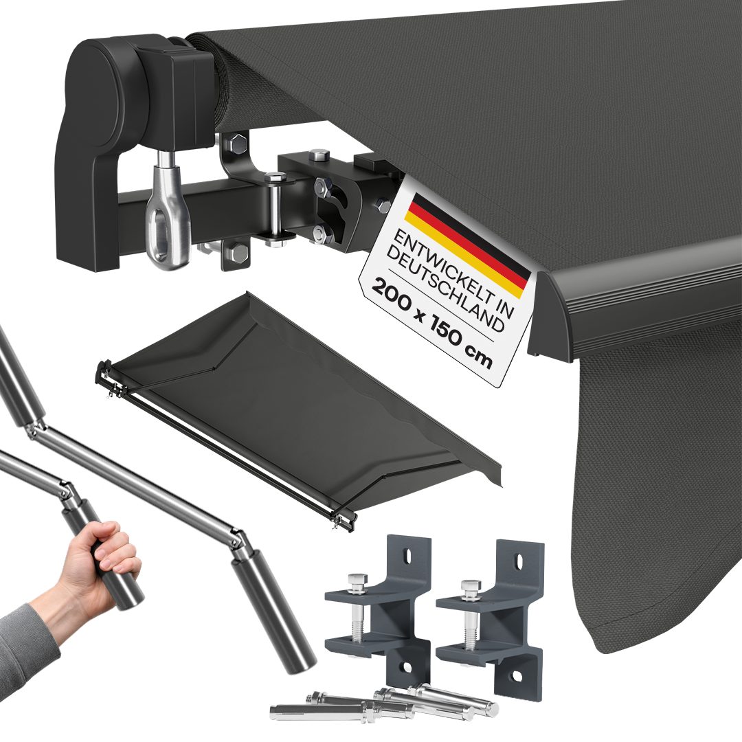 STEELSØN Gelenkarmmarkise Kestria wetterfest & blickdicht (200x150 cm, anthrazit) mit Aluminium-Kassette & Wandhalterung, langlebiges Kunstftoffgewebe