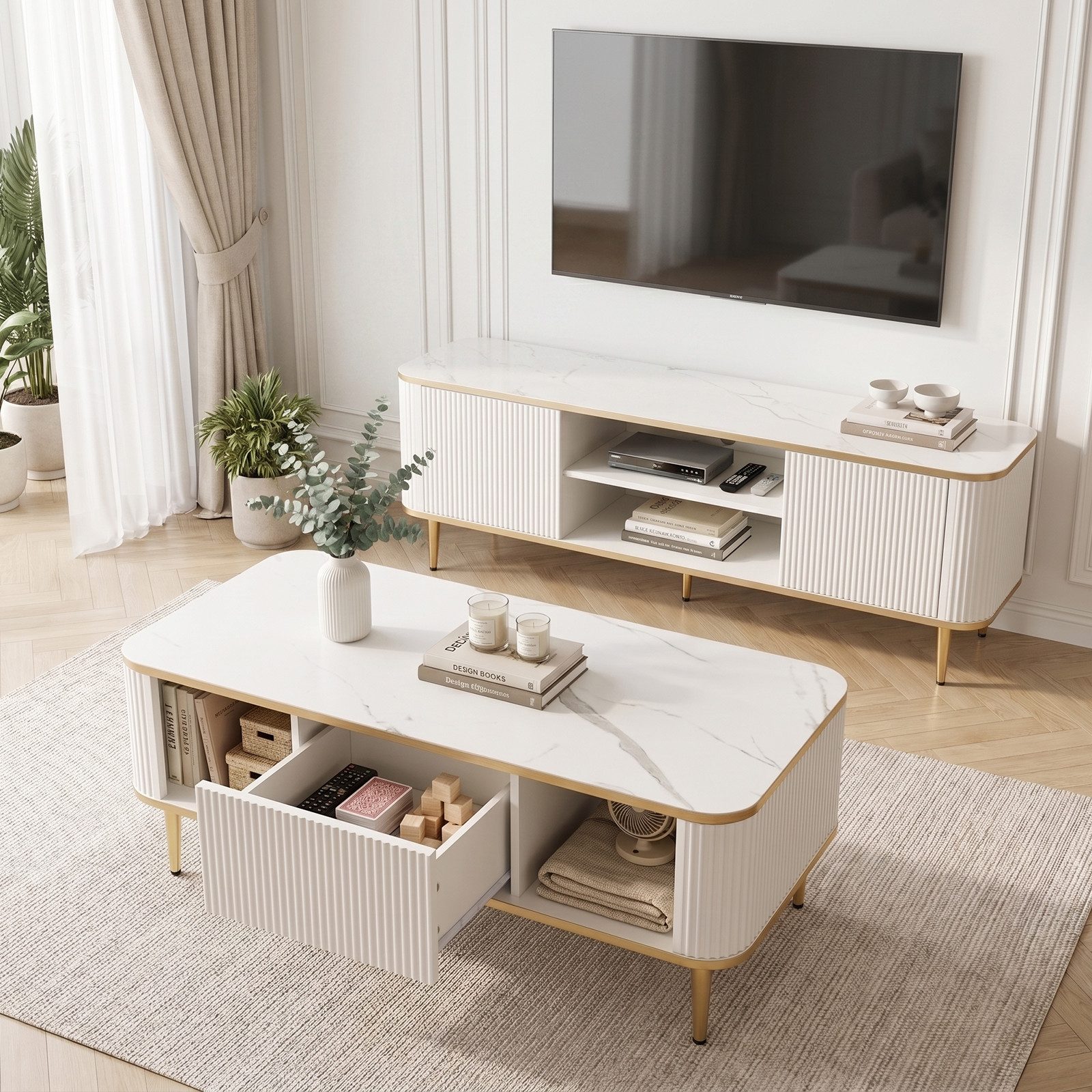 Jiexi TV-Schrank Wohnzimmer Set TV Lowboard & Couchtisch Marmor-Optik Gold