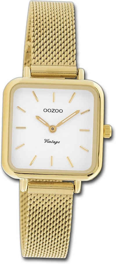 OOZOO Quarzuhr Oozoo Damen Armbanduhr Vintage Series, Damenuhr Mesharmband gold, rechteckiges Gehäuse, klein (ca. 26x26mm)