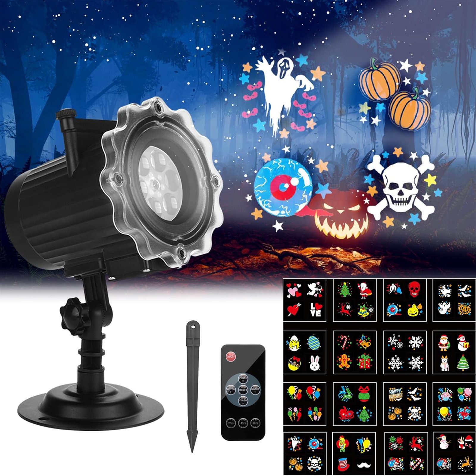 Fofile Projektor Halloween Aussen LED Projektionslampe mit 16 Mustern Светодиодный проектор (Weihnachtsprojektor Licht mit Fernbedienung und Timer)
