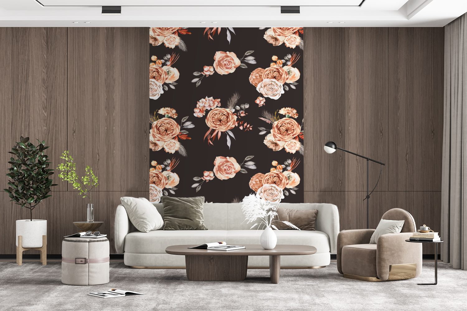 Blätter Rosen Montagefertig - für MuchoWow Schwarz, St), Wohnzimmer, Wandtapete bedruckt, - Vinyl Fototapete (3 Tapete Matt,