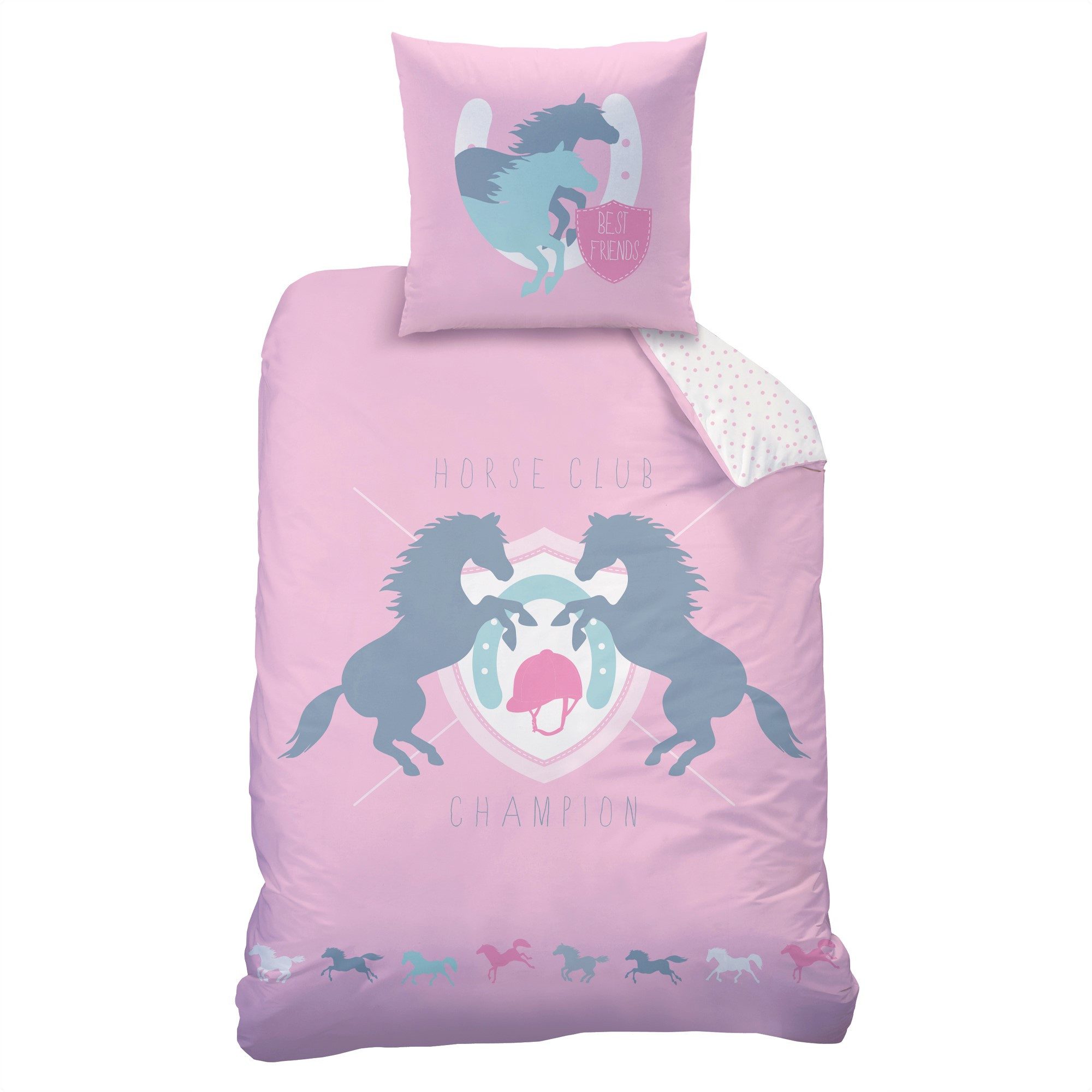 MTOnlinehandel Bettwäsche 135x200 + 80x80 cm Biber „Horse Club“ Pferde-Motiv warm & kuschelig, 100% Baumwolle, 2 teilig, mit detailreichem Wende-Design
