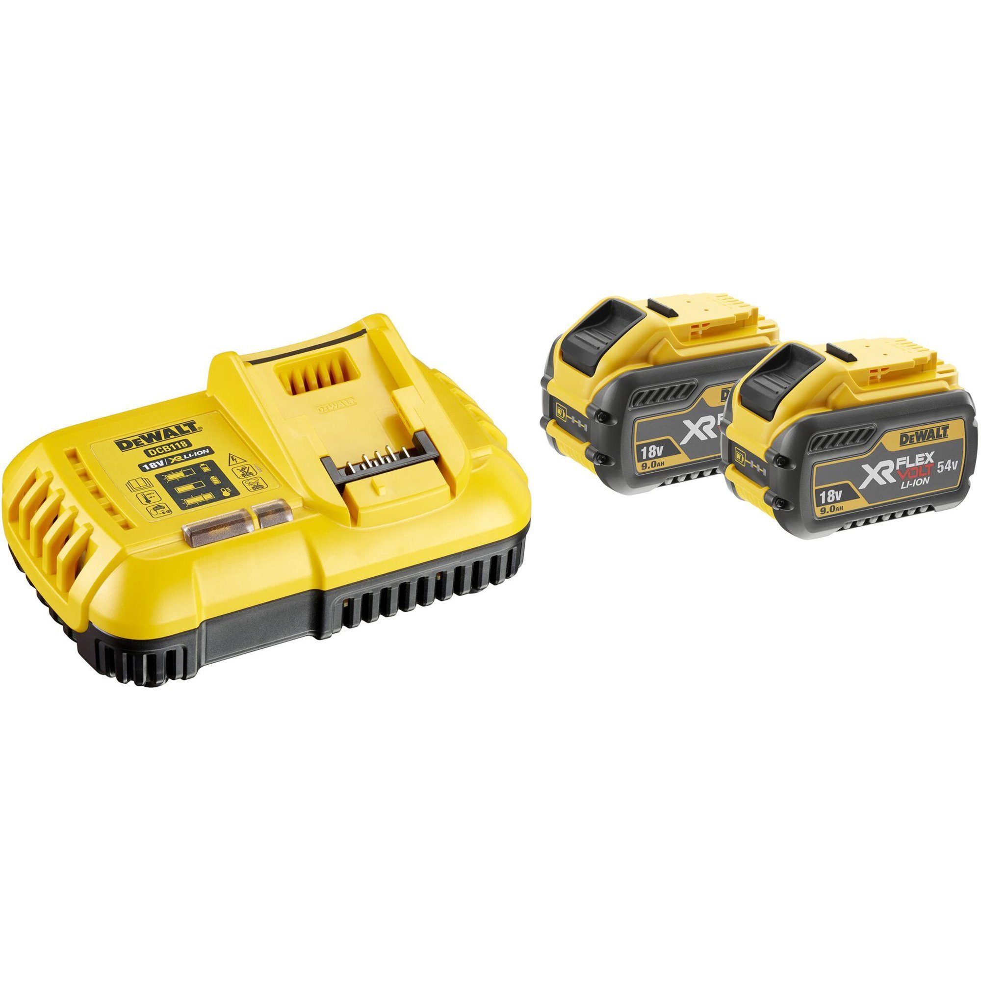 DeWalt DEWALT Starter-Set Akku-Kit DCB118X2, 54Volt / Werkzeug-Akku-Ladetechnik (2x Li-Ionen Akku 9,0Ah)