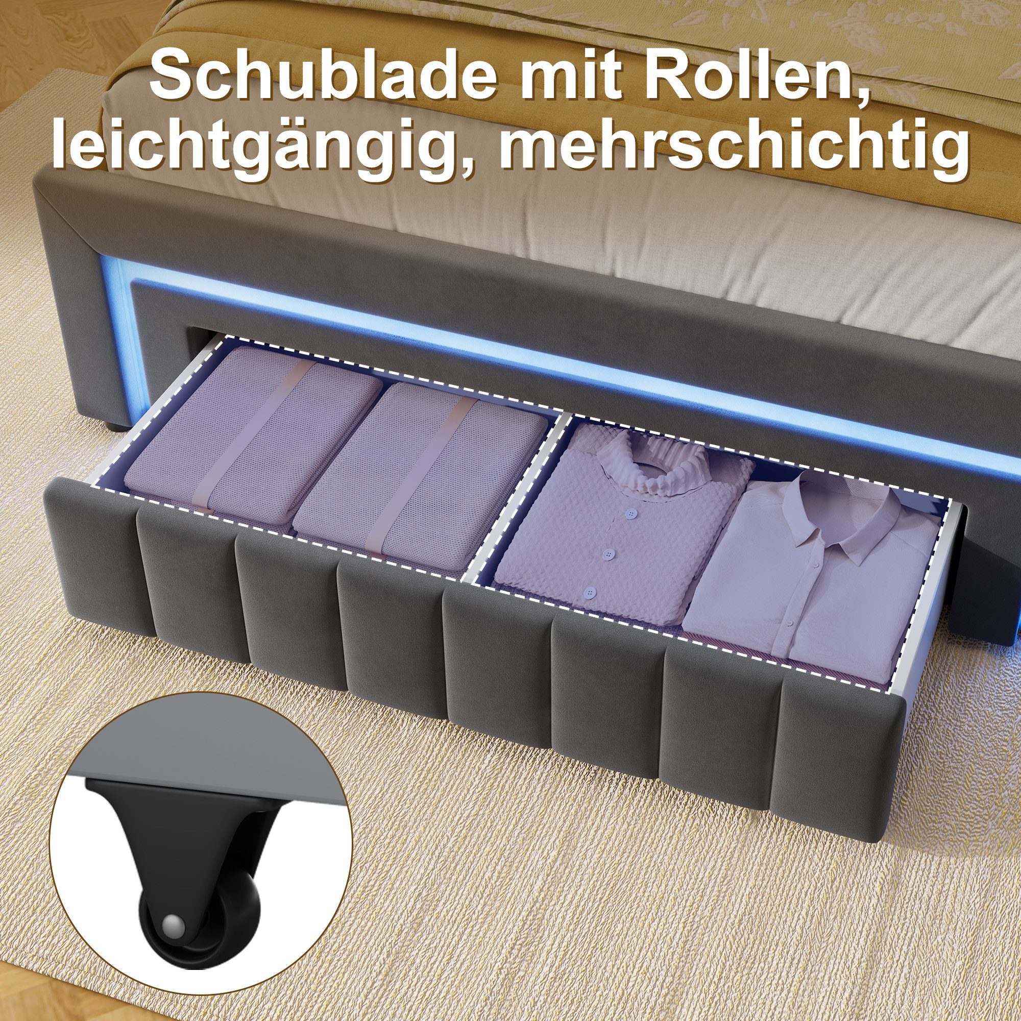 STILVORA Polsterbett 140×190 mit bettkasten,Funktionbett Boxspringbett mit LED & Schubladen (verstärkter Metallrahmen, stabiler Lattenrost, Gepolstertes Kopftei – Bild 5 von 5