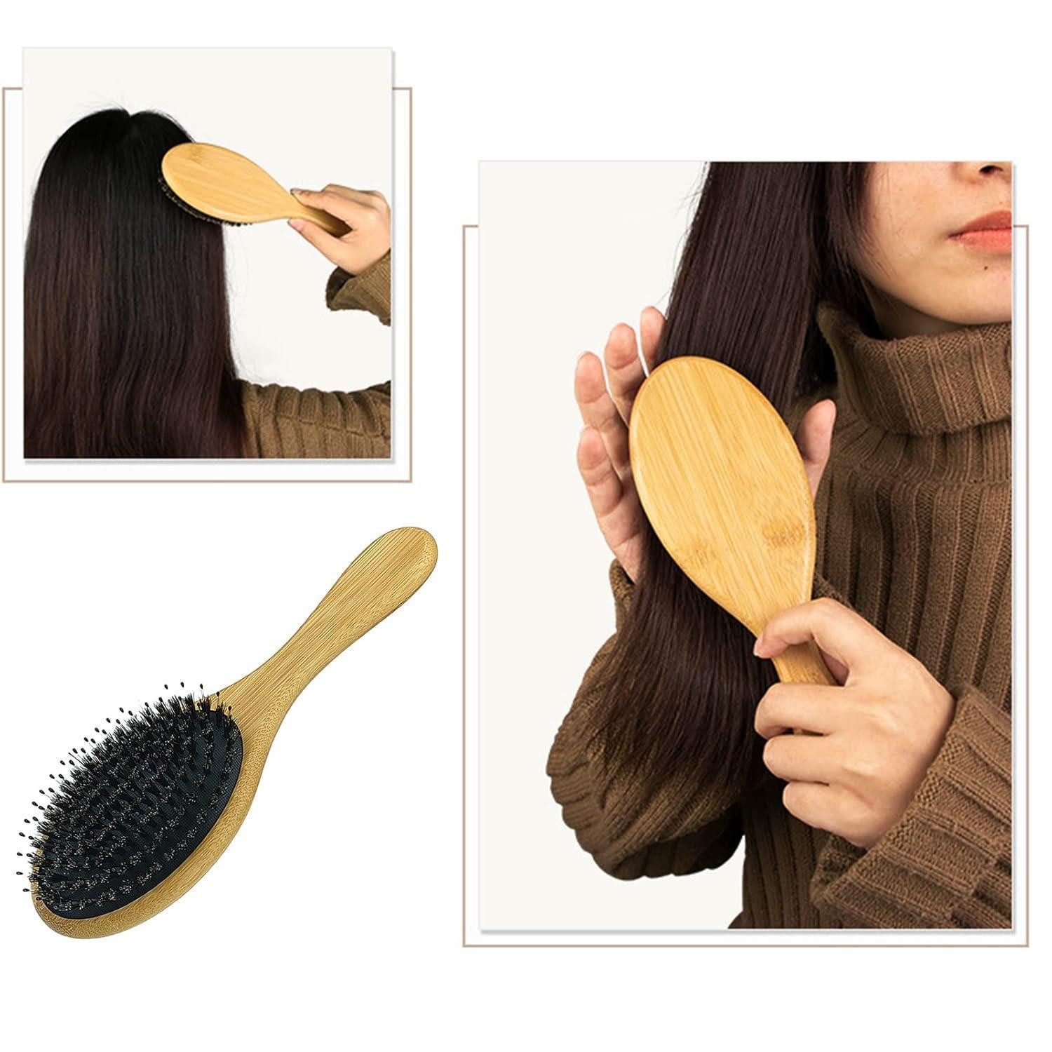 LABUYI Haarentwirrbürste Wildschweinborsten Haarbürste mit Nylonstiften, Bambusgriff 22.5cm