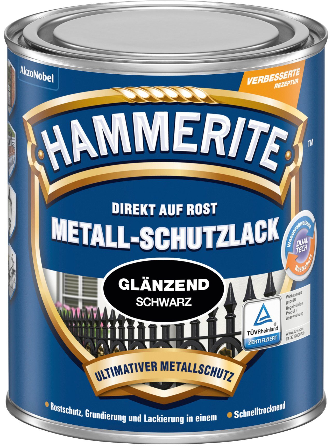 Hammerite  Metallschutzlack ROST, Liter glänzend, AUF Schwarz 0,75 DIREKT Glanz