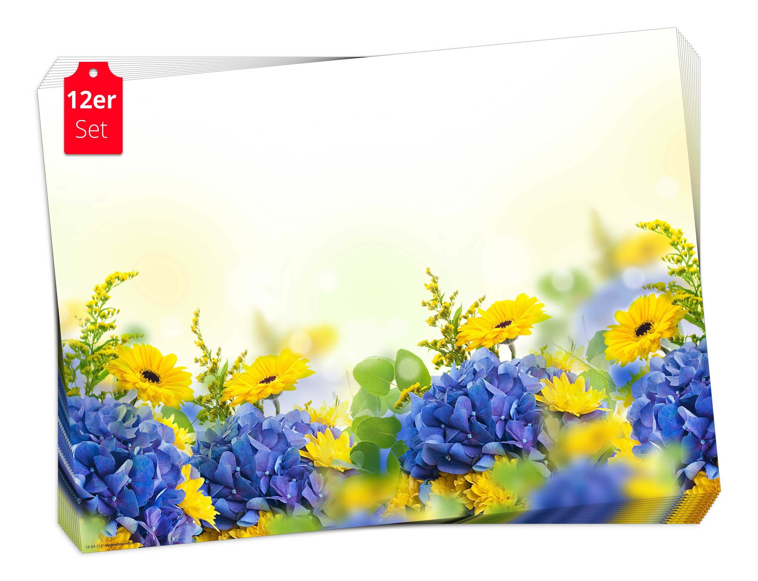 Platzset, Tischset Frühling, Ostern & Blumen - Hortensien und Gerberas, Tischsetmacher, (aus Naturpapier in Aufbewahrungsmappe für Feiern, 12-St., 44 x 32 cm / blau-gelb), Tischdeko Made in Germany