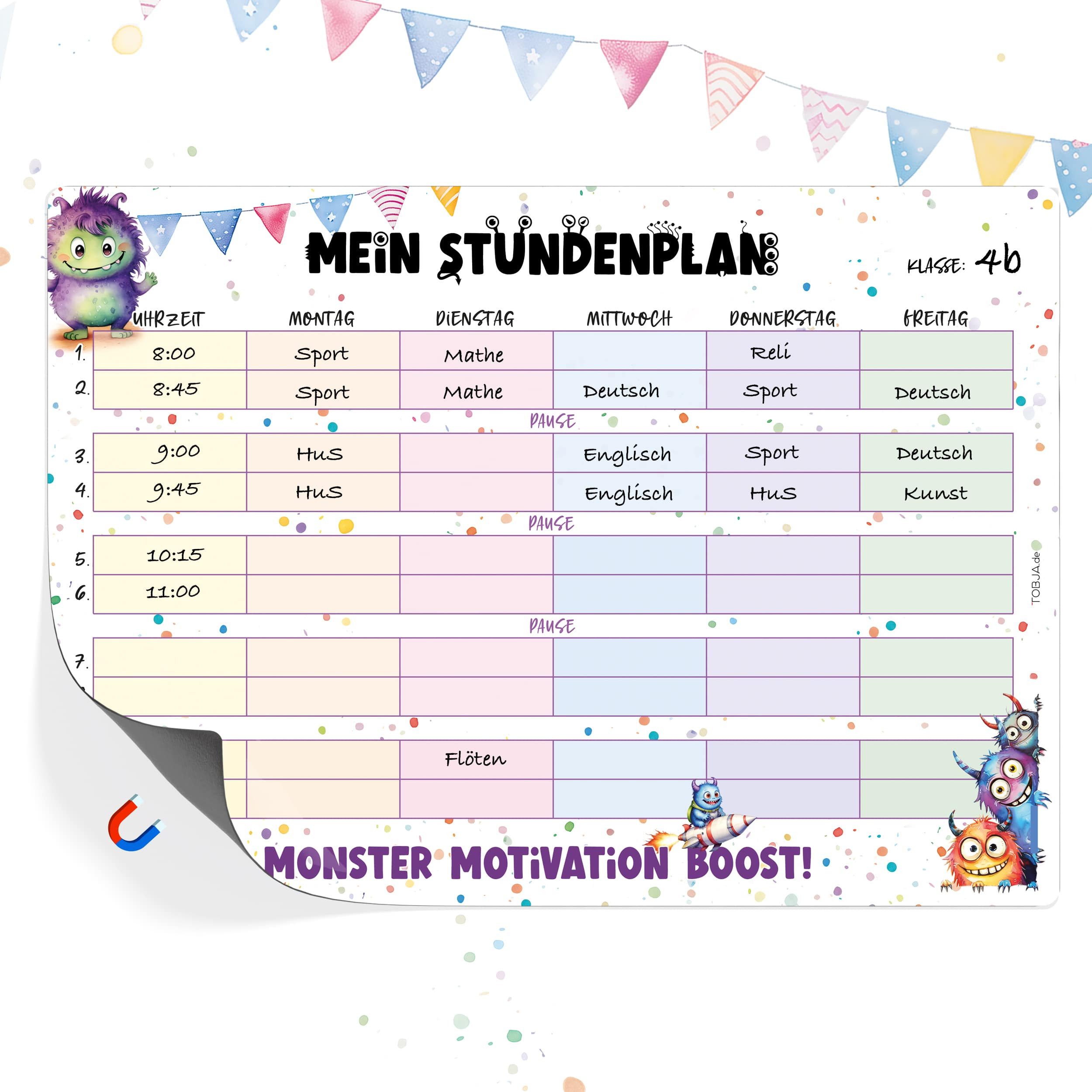 TOBJA Magnettafel Magnetischer Stundenplan Monster Design, abwischbar magnetisch Wochenplaner Mädchen u. Jungen
