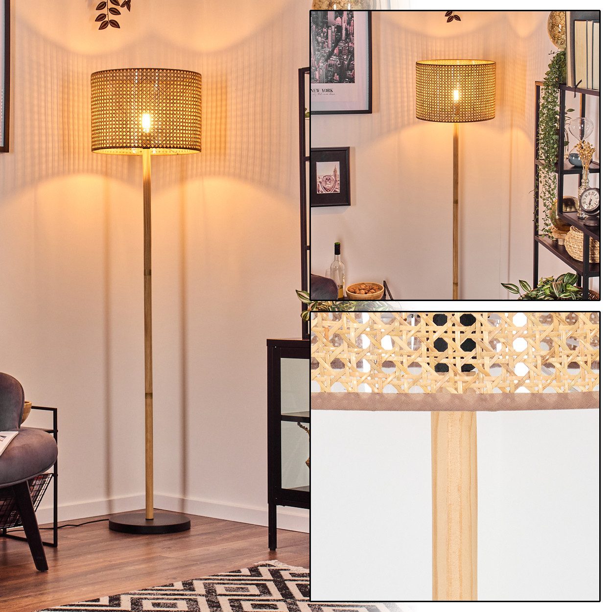 Stehlampe Stehlampe aus Holz/Metall und Schirm aus Rattan/Wienergeflecht