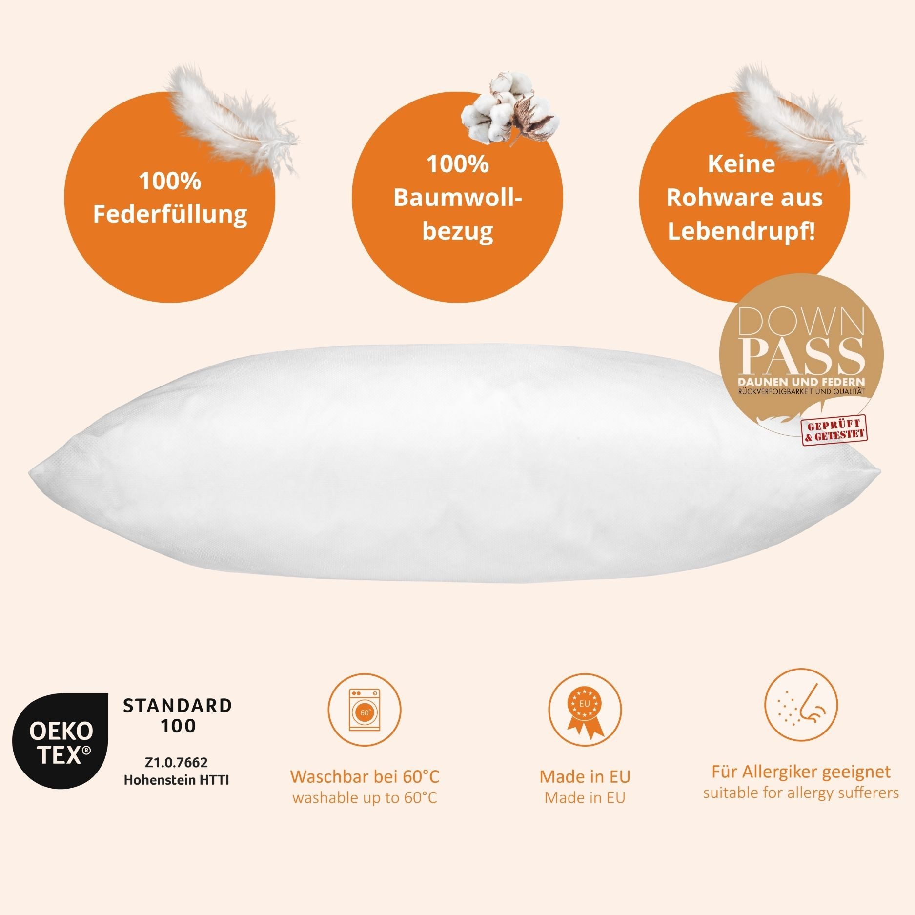 sleepling Federkissen Inlet Sofakissen, Füllung: 100% Federn, Bezug: Baumwolle, Seitenschläfer, Rückenschläfer, Bauchschläfer, Füllkissen, Zierkissen, atmungsaktiv, Baumwolle, mit Feder gefüllt