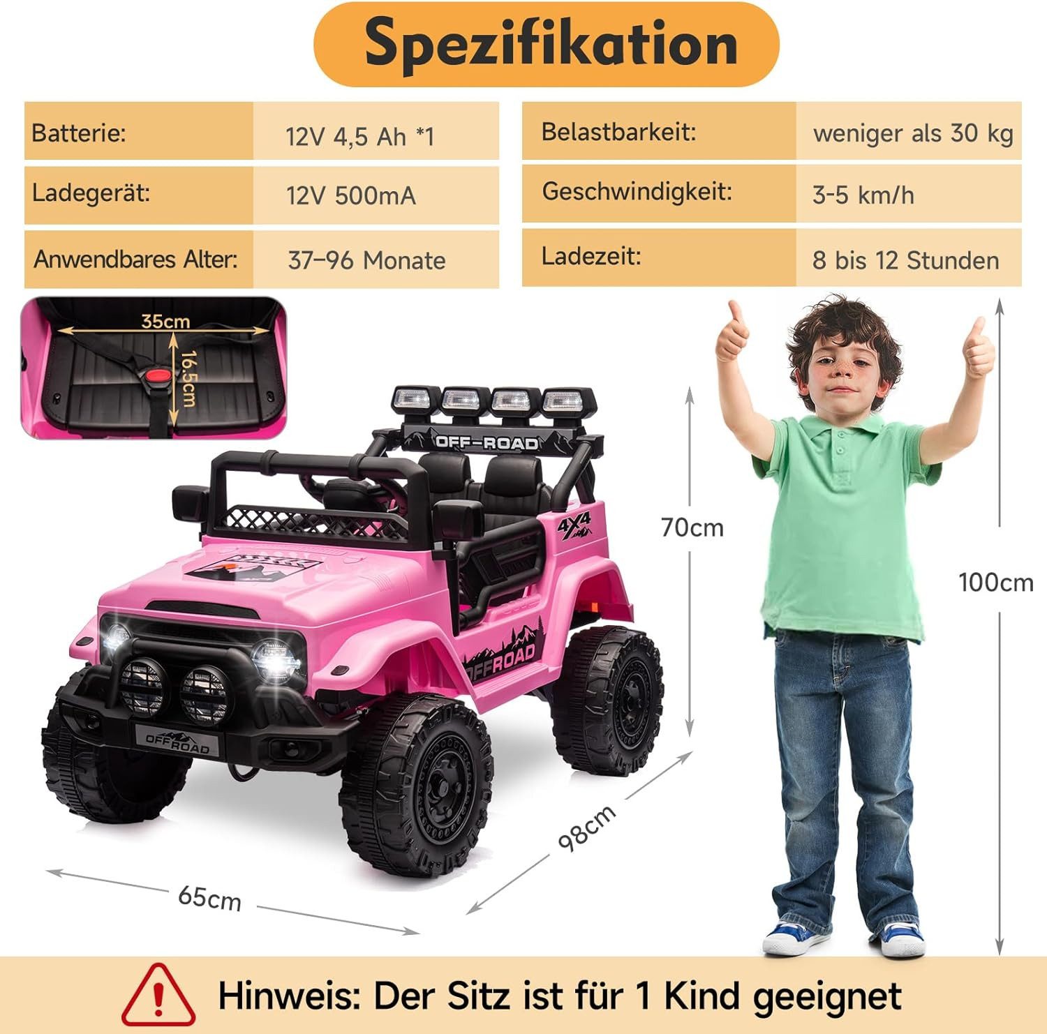 Hausprofi Elektro-Kinderauto Elektroauto Kinder-Jeep für ab 3 Jahren, mit 2,4G Fernbedienung, LED, Bluetooth, Musik, 3-5 km/h