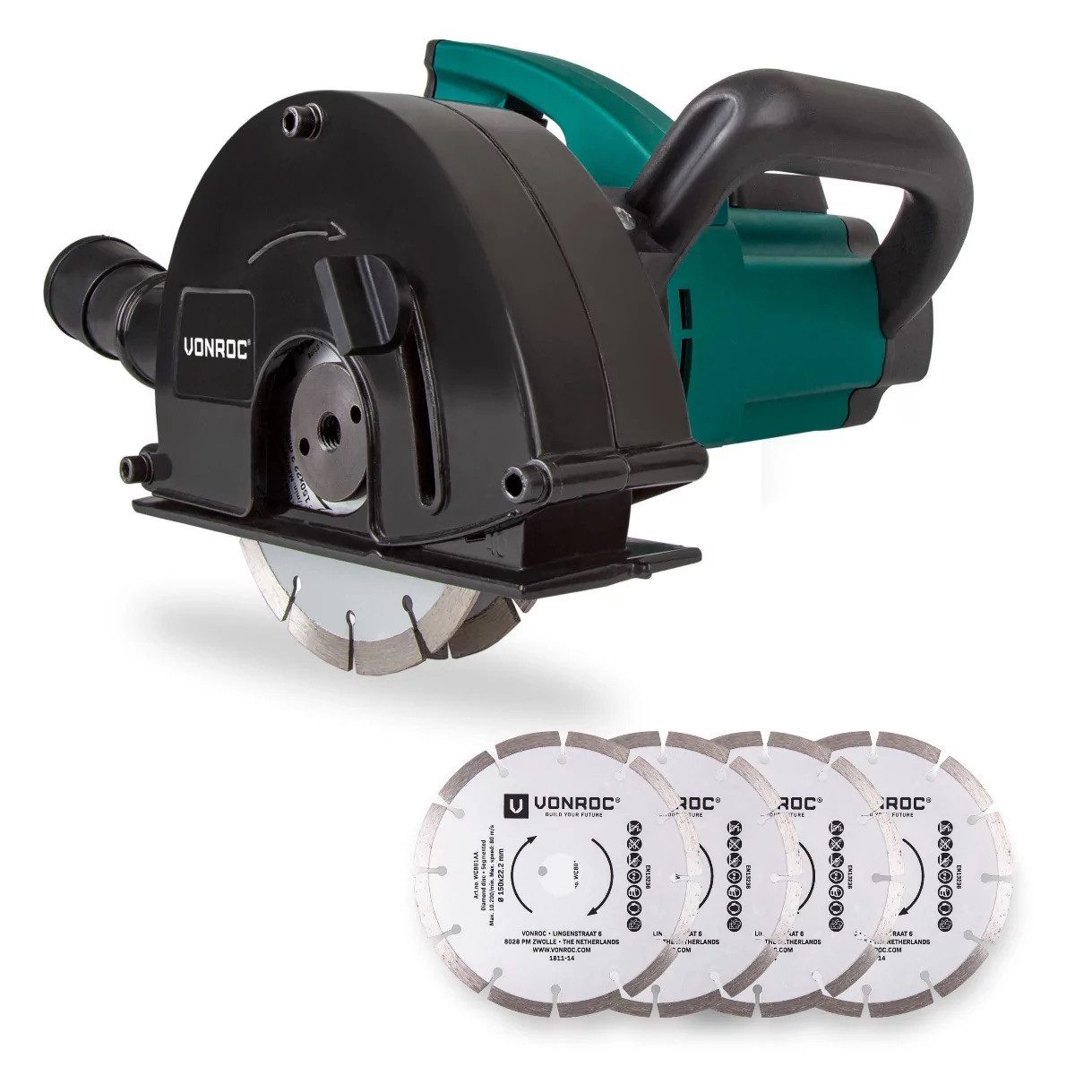 VONROC Mauernutfräse Schlitzfräse mit Absaugung für Kabelnut 14/19/29mm, (Set, 6-tlg., inklusive Diamantscheiben), Schlitzmaschine 150mm mit Schnittiefe [4-40mm]