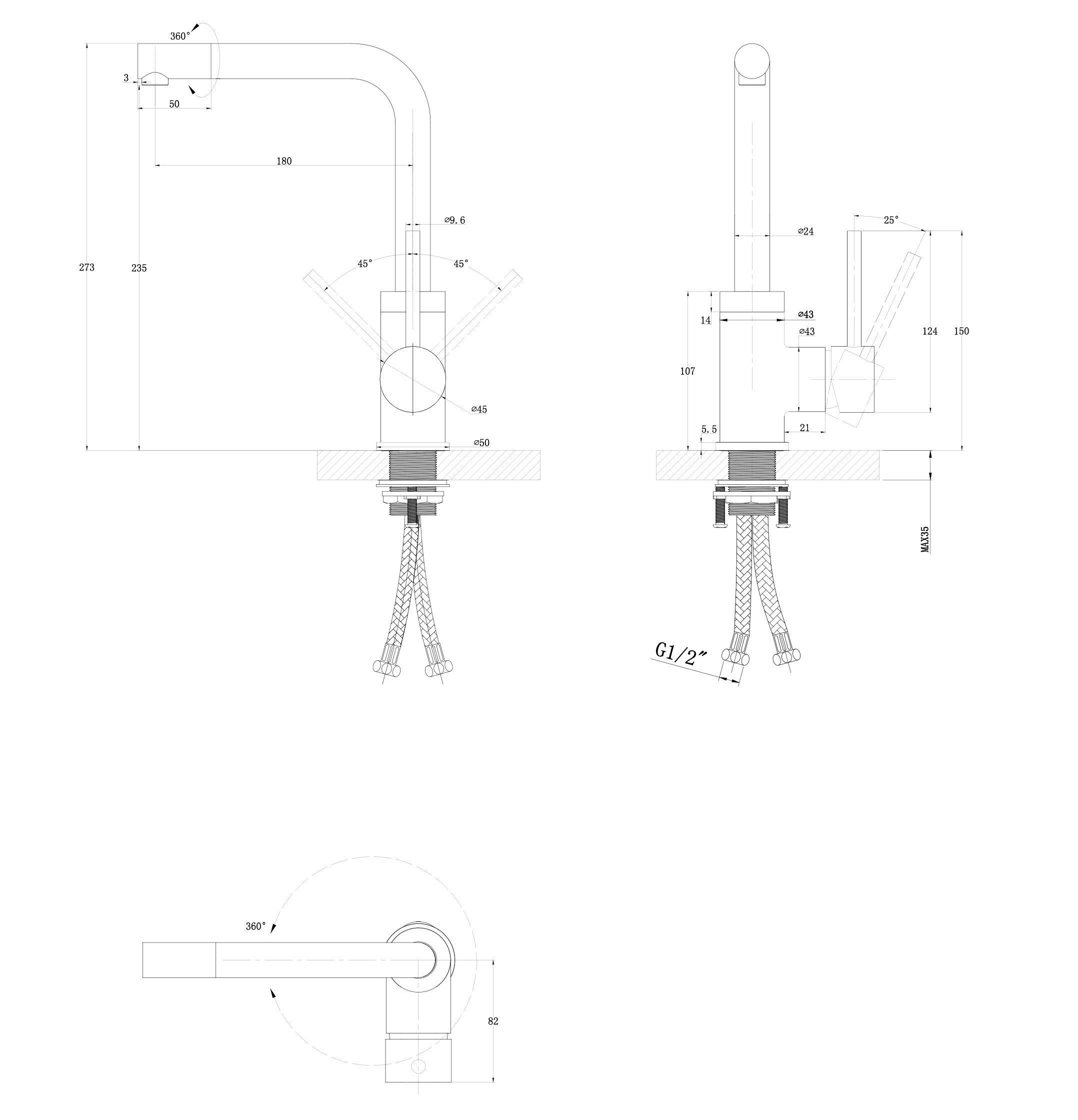 St), Granitspüle SQS -601 100 360° 42.5/50 GURARI Schwenkbereich Küchenspüle (2 Einbau cm, Schwarz+Messing-Armatur, AW+5553-601/1,