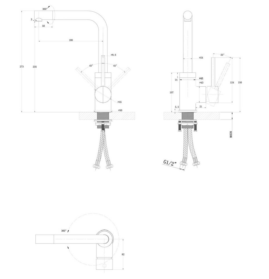 Thumbnail - GURARI Küchenarmatur 5553-601/// (1-St) Messing-Armatur, Schwenkbereich 360°, Hochdruck, Modern, Wasserhan