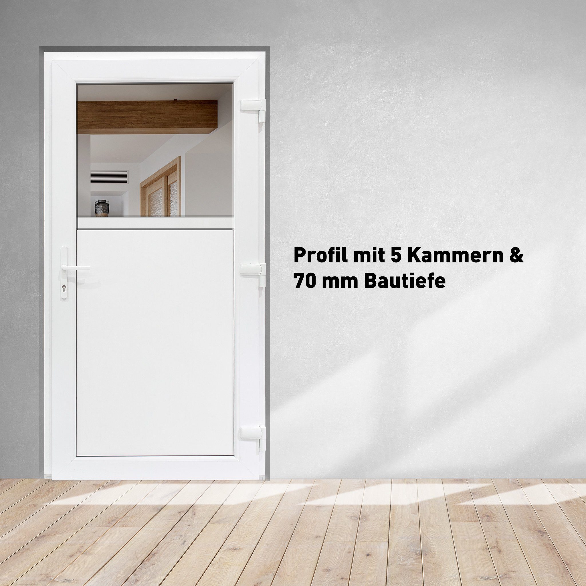 Thumbnail - SN DECO GROUP Haustür Bastion Nebeneingangstür, weiß, mit Drückergarnitur, 1000x2000 mm (Komplett-Set), 5 Kammern und 70...