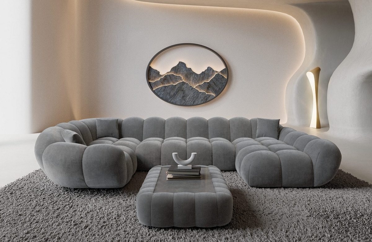 Sofa Dreams Wohnlandschaft Maleron U Form Design Stoffsofa, Stoff Polsterecke, 6-Sitzer, Ottomane rechts, Samtstoff Dunkelgrau