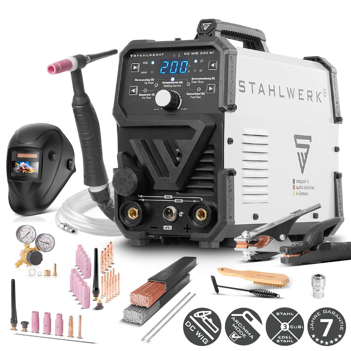 STAHLWERK Inverterschweißgerät DC WIG 200 ST IGBT mit MMA - Vollausstattung, 10 - 200 A, Packung}, 13-tlg., Vollausstattung, Set - Kombi WIG Schweißgerät mit 200 A und MMA