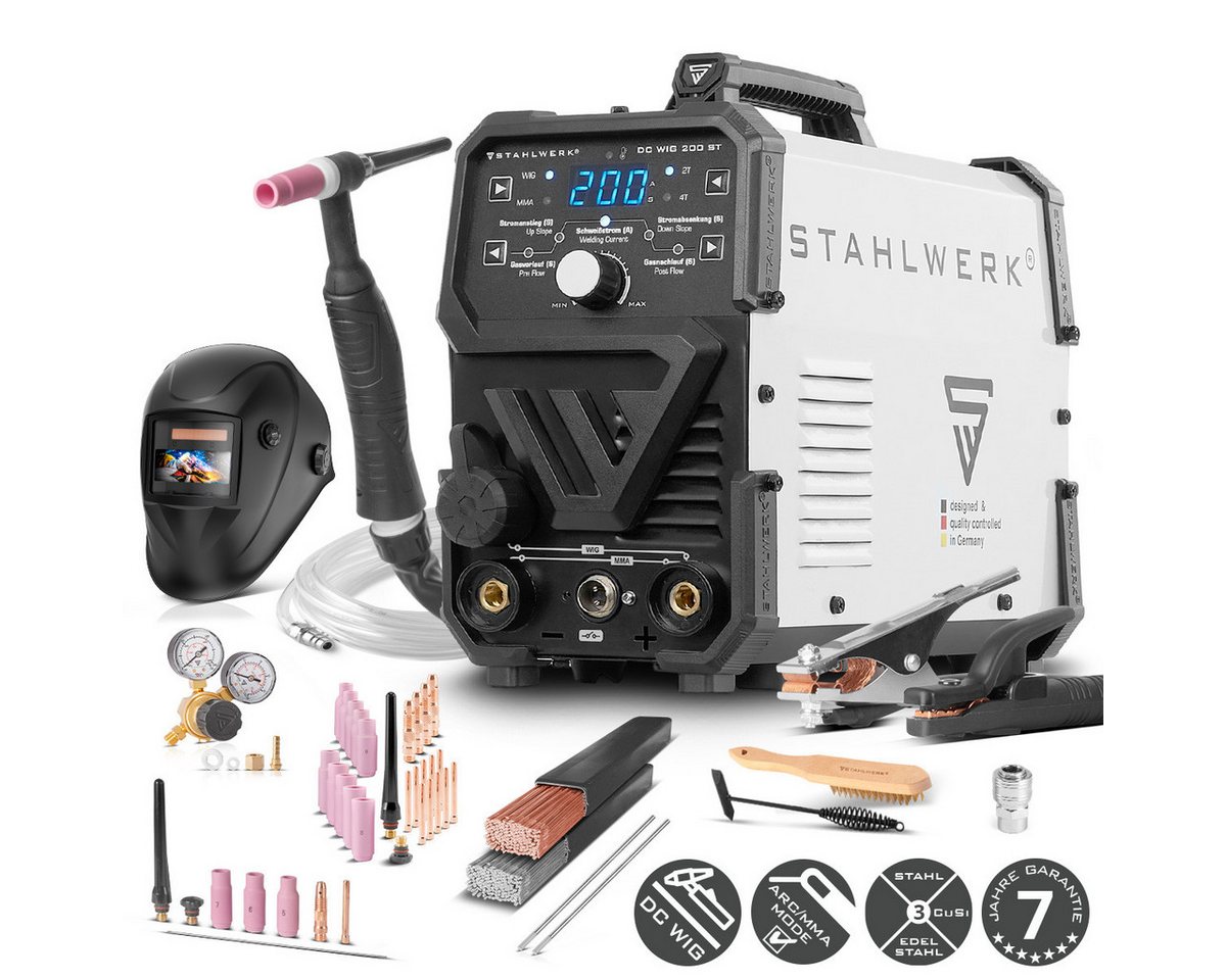 STAHLWERK Inverterschweißgerät DC WIG 200 ST IGBT mit MMA - Vollausstattung, 10 - 200 A, Packung}, 13-tlg., Vollausstattung, Set - Kombi WIG Schweißgerät mit 200 A und MMA