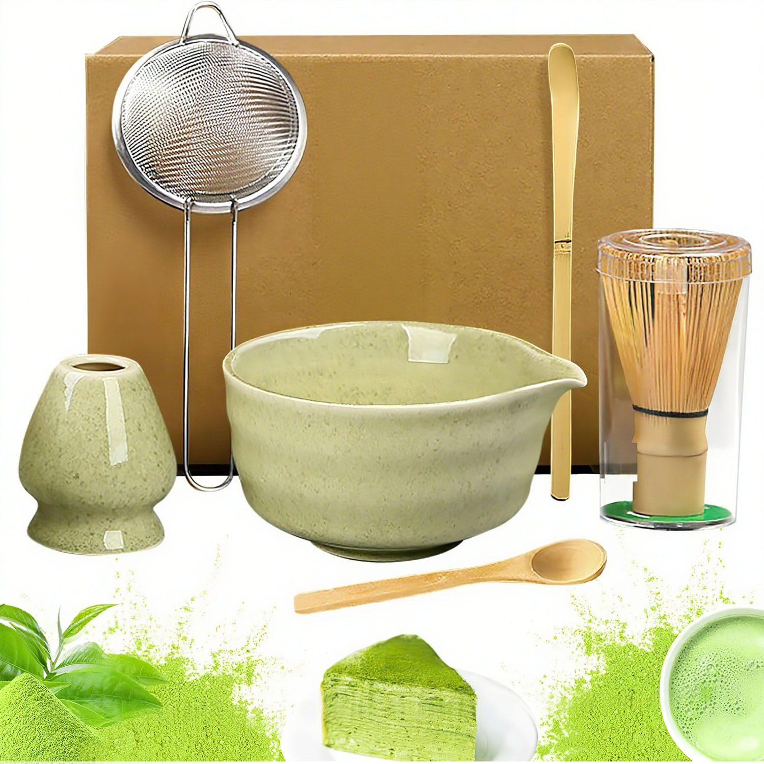 SURFOU Teeservice 6 Stück Matcha Tee Set mit Matcha Besen Edelstahlsieb Schal, 2 Matcha Löffel Besenhalter aus Keramik Matcha-Utensilien