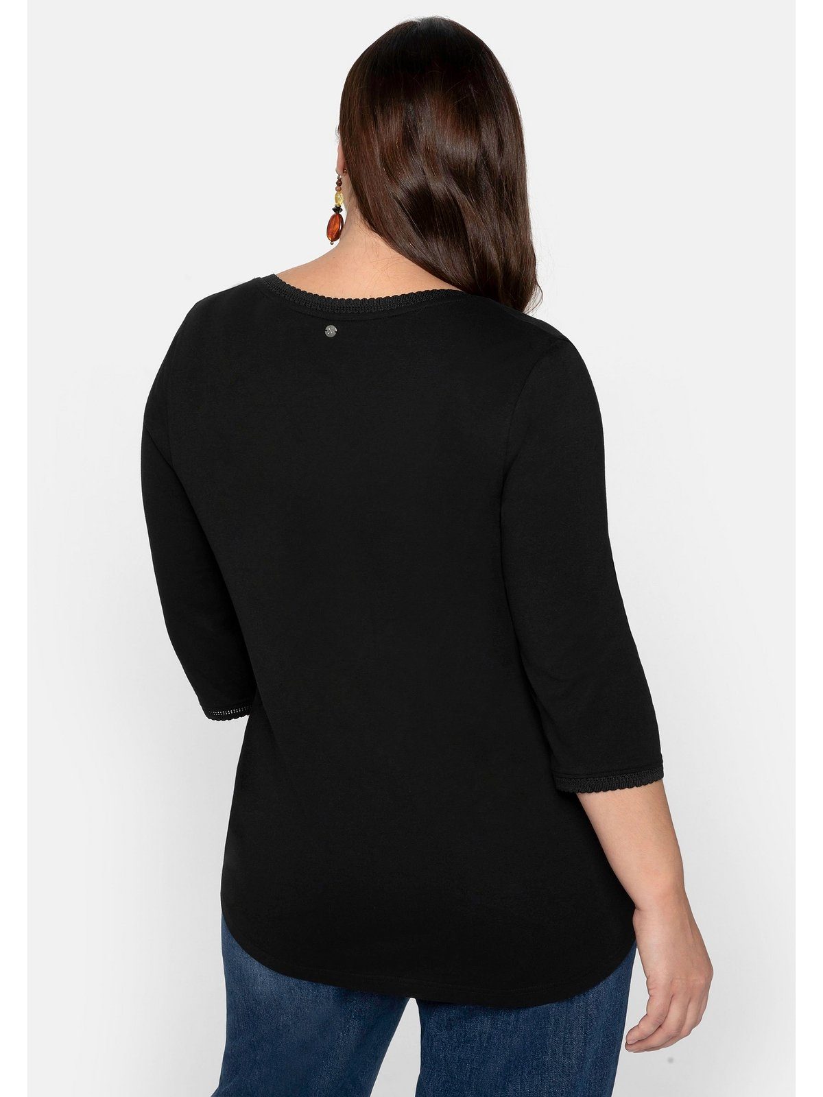 Sheego 3/4-Arm-Shirt Große leichter schwarz A-Linie Größen Bogenkante, mit in