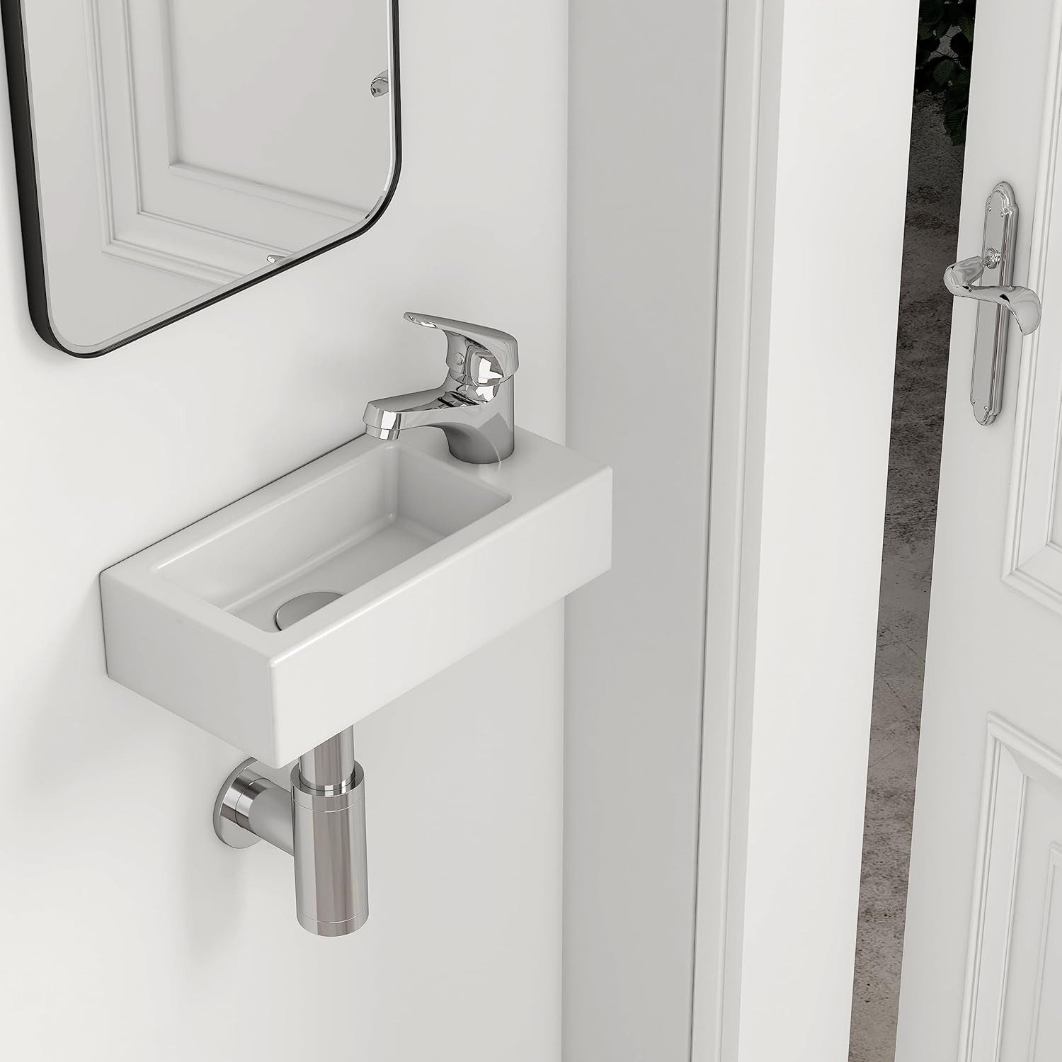 EMKE Waschbecken Hängewaschbecken, Aufsatzwaschbecken aus Keramik für Bad /Gäste-WC, mit Hahnlöcher Rechts,Waschschale Eckig Weiß Spülbecken – Bild 4 von 5