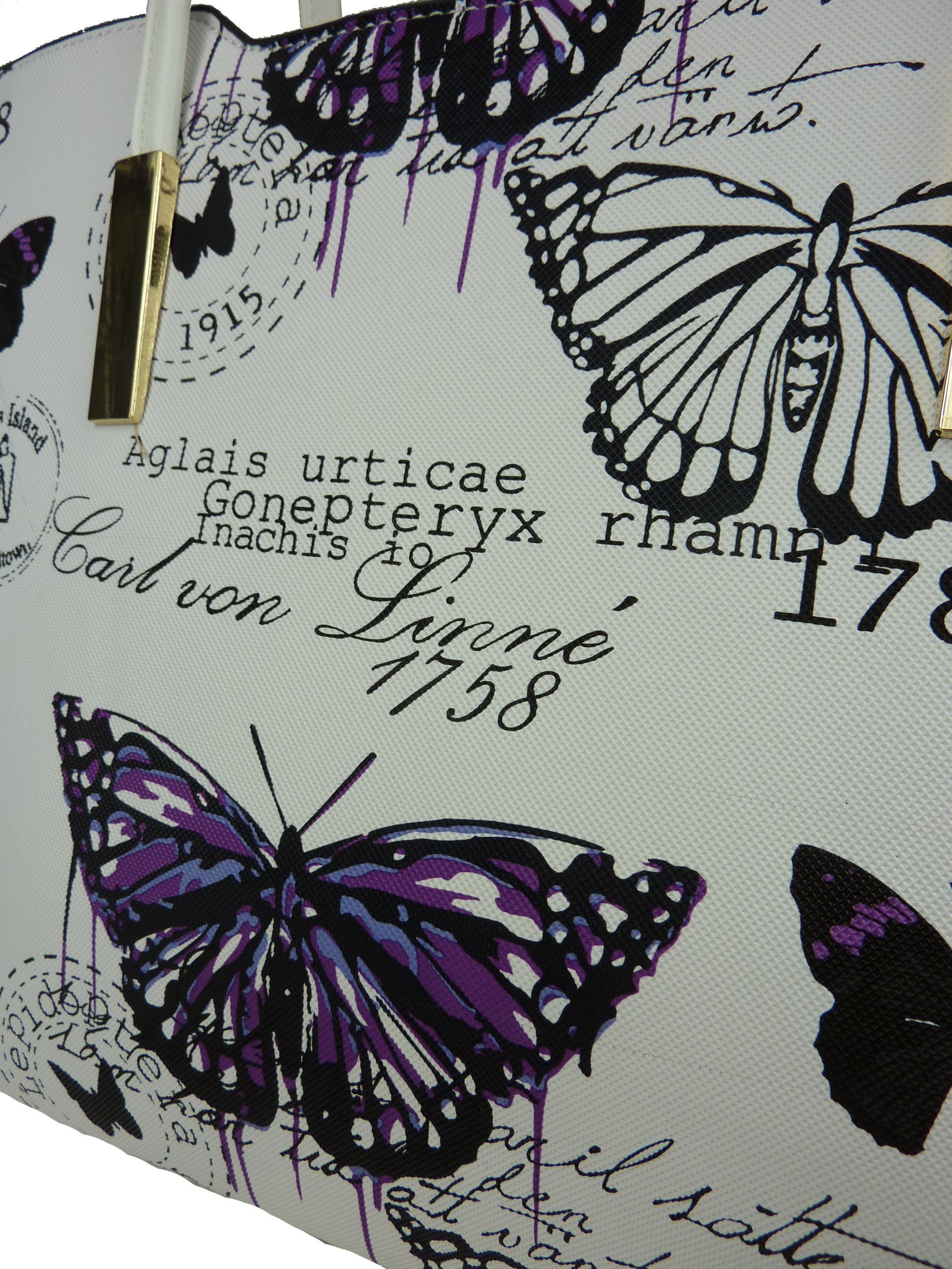 Taschen4life Henkeltasche große Damen mehrfarbig Henkel Vintage im Shopper 1803, Schmetterling Stil, retro Sommertasche Butterfly lange lila Motive