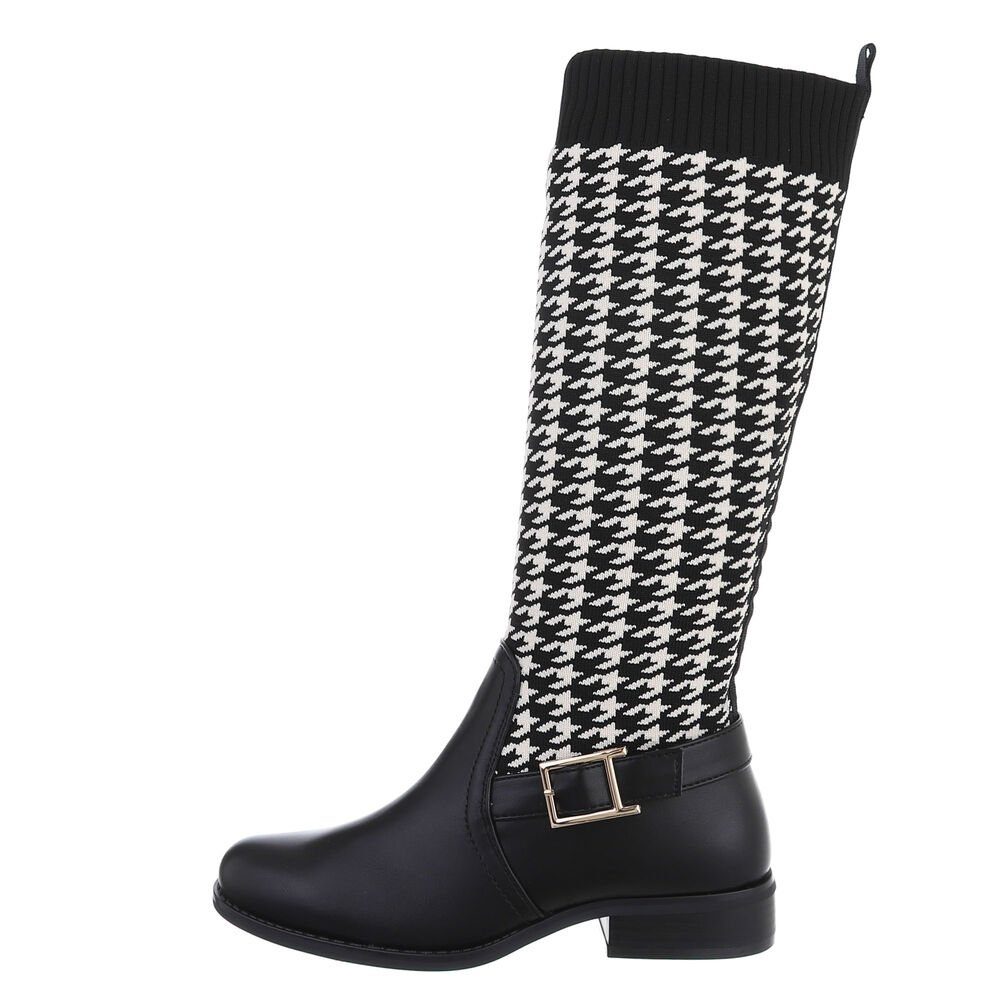 Ital-Design Damen Freizeit Stiefel Blockabsatz Flache Stiefel in Schwarz