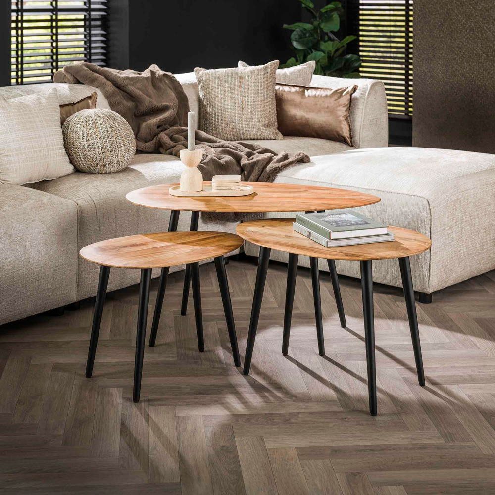 RINGO-Living Couchtisch Massivholz Couchtisch Aliena in Natur und Schwarz 3er Set