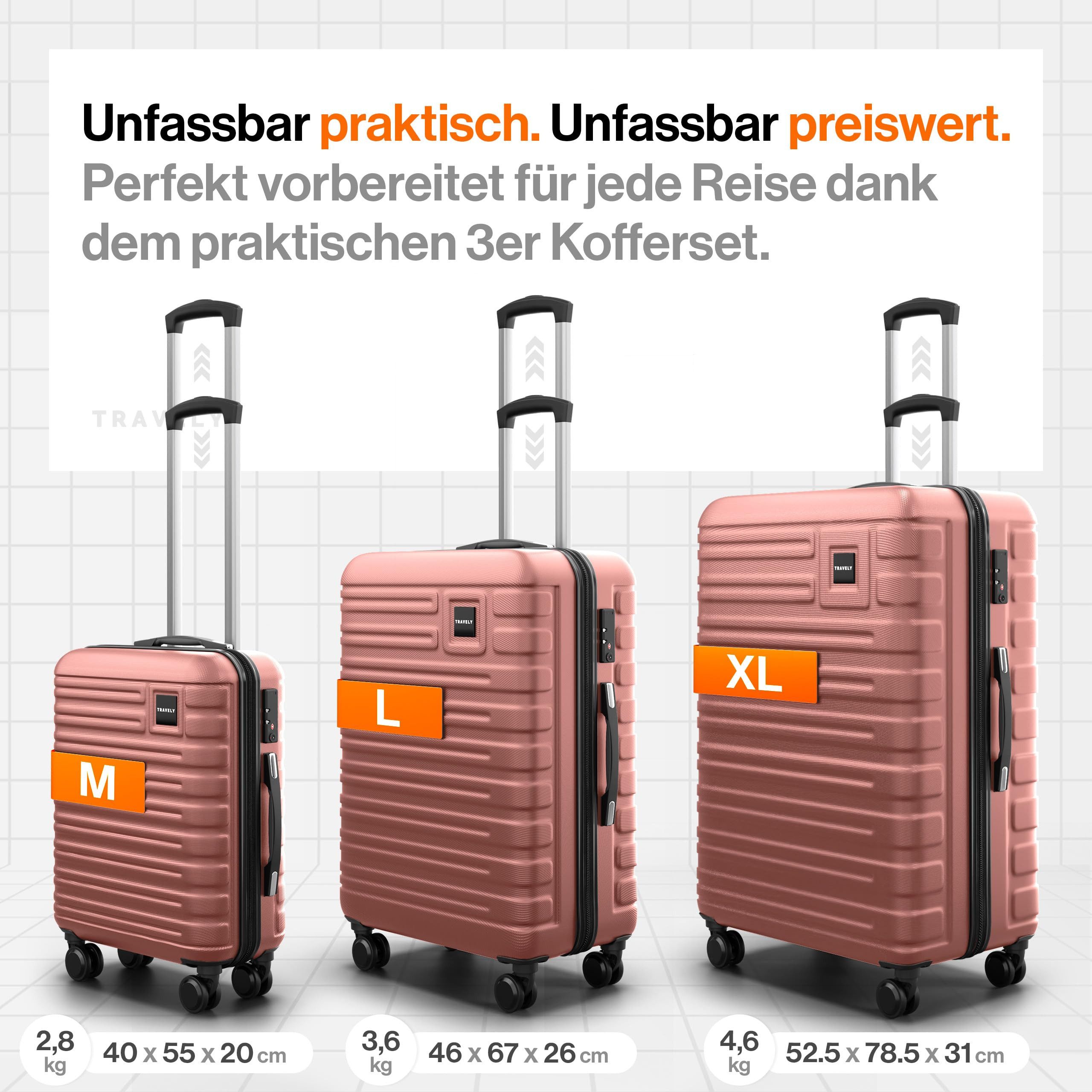 Travely Koffer Polycarbonat Koffer Set - 3 teiliges Kofferset, XL + L + M, 4 Rollen, Designed in Germany, austauschbare Griffe und Rollen – Bild 4 von 5