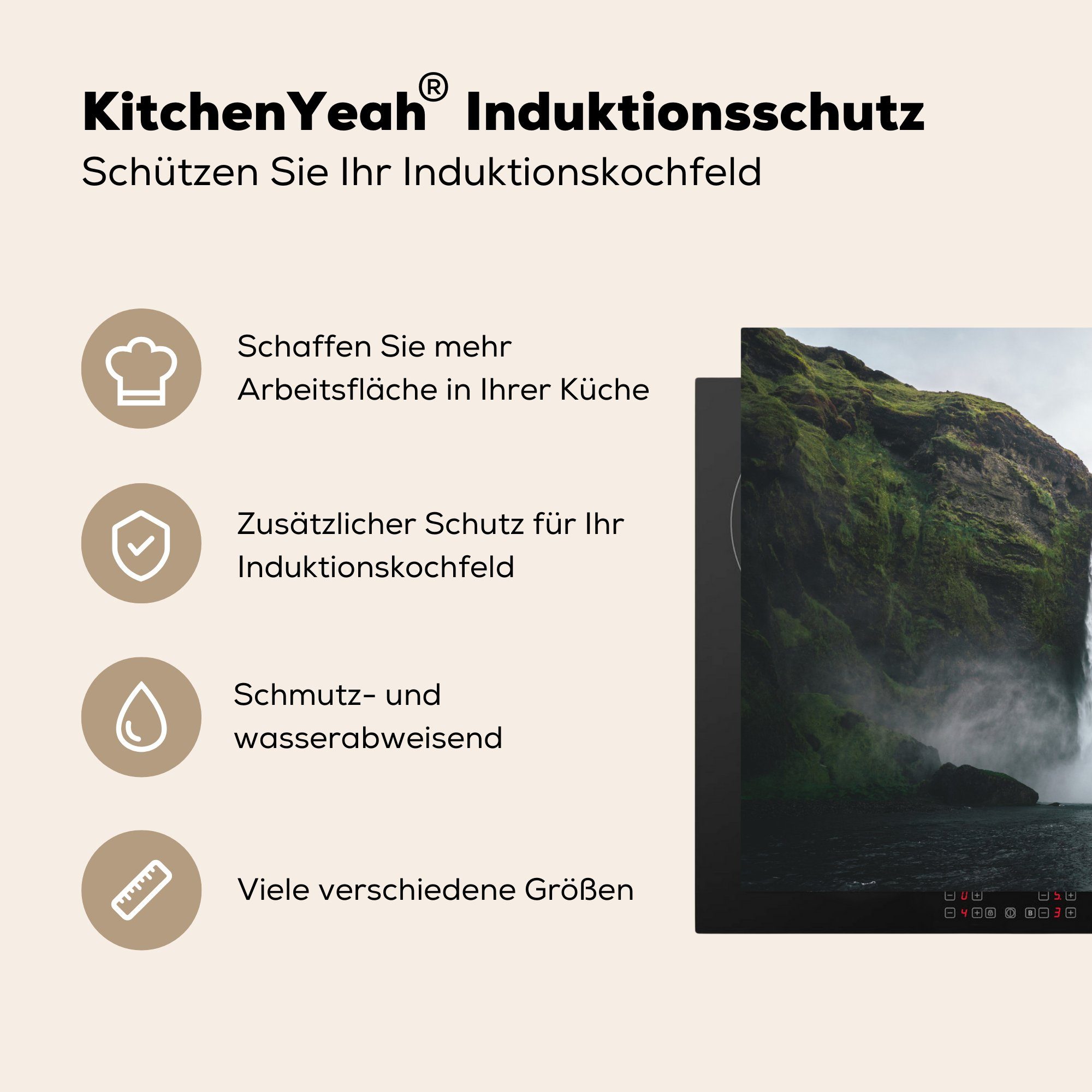 81x52 - Wasserfall Vinyl, Induktionskochfeld für Schutz Island Herdblende-/Abdeckplatte küche, Felsen, tlg), Ceranfeldabdeckung (1 die - MuchoWow cm,