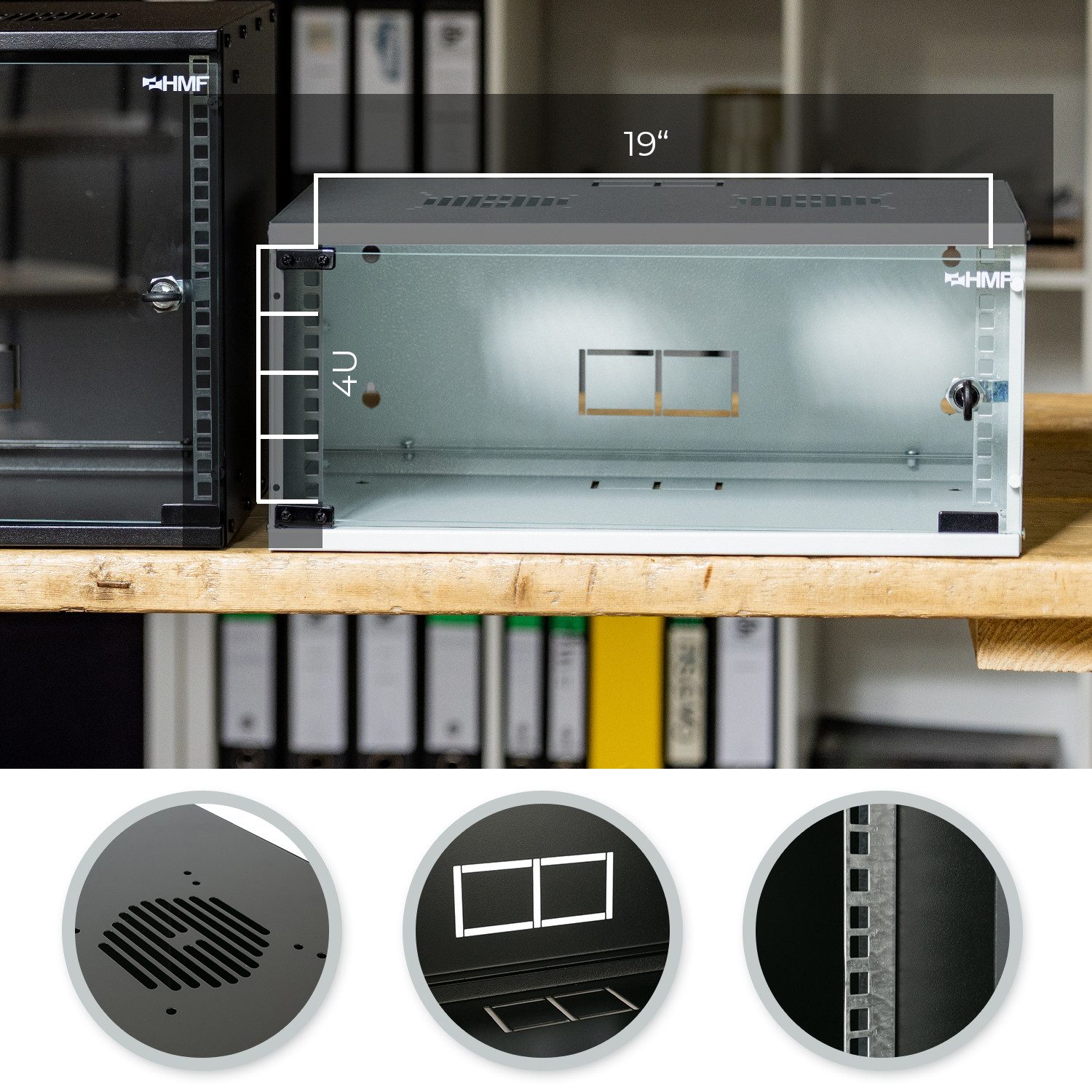 HMF Serverschrank Netzwerkschrank, Serverschrank 19 Zoll, 4 HE, 400 mm Tiefe, Glastür, Schwarz