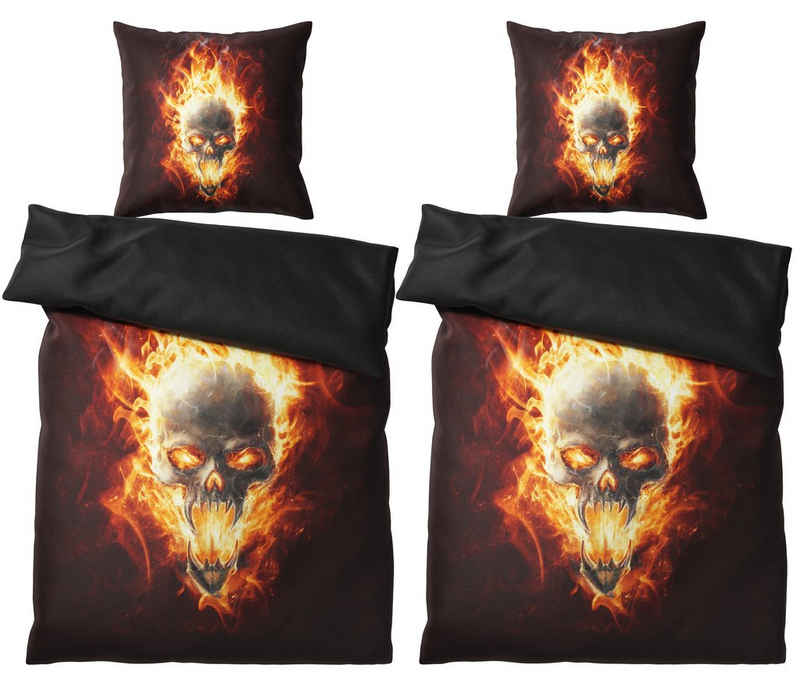 Bettwäsche Totenkopf in Flammen 135x200 cm, Bettbezug und Kissenbezug, Sanilo, Baumwolle, 4 teilig