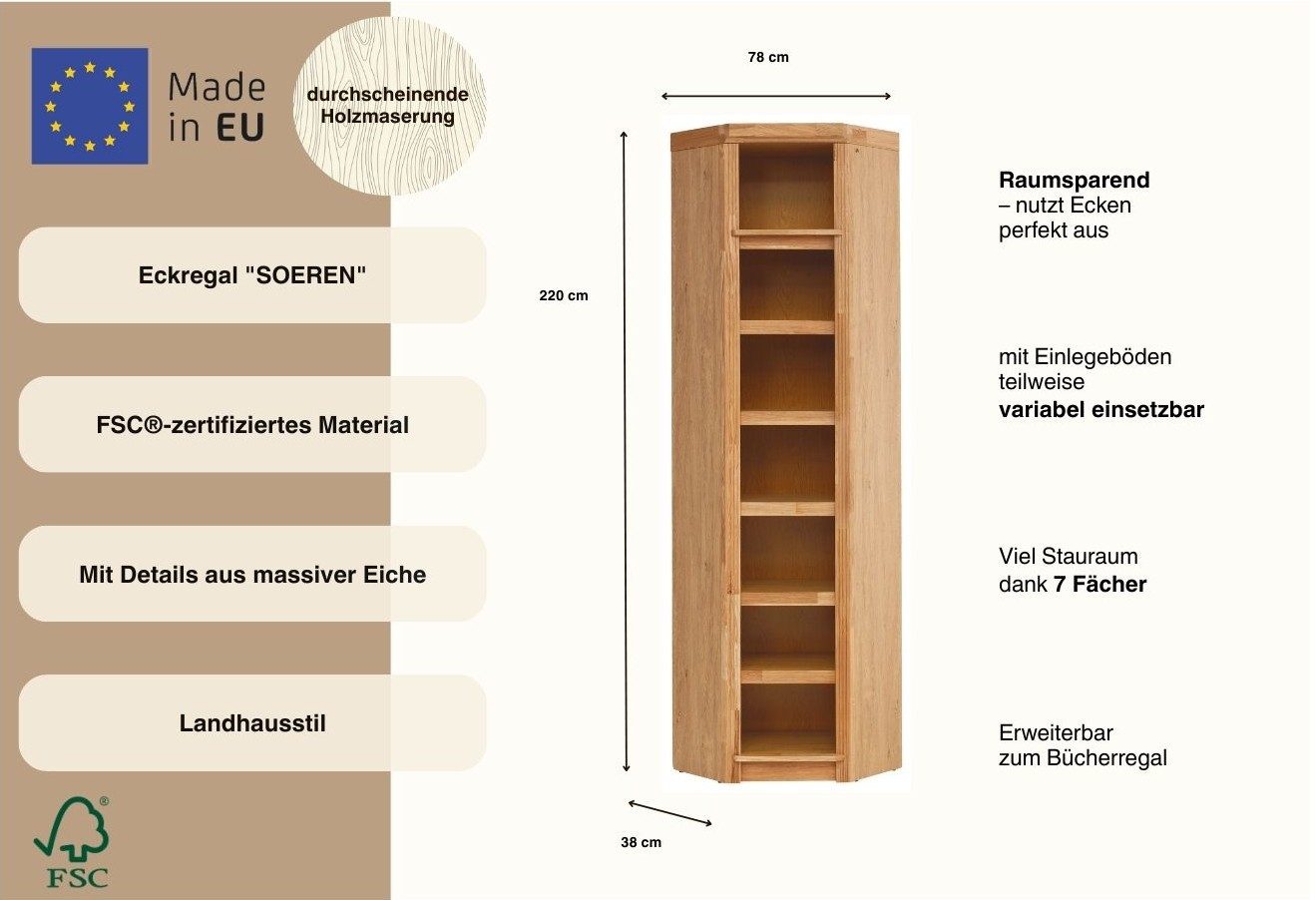 OTTO home Eckregal Soeren mit Eiche-Elementen, Regal Höhe 220 cm, FSC®-zertifiziert, passend für Regale Soeren mit einer Tiefe von 29 cm
