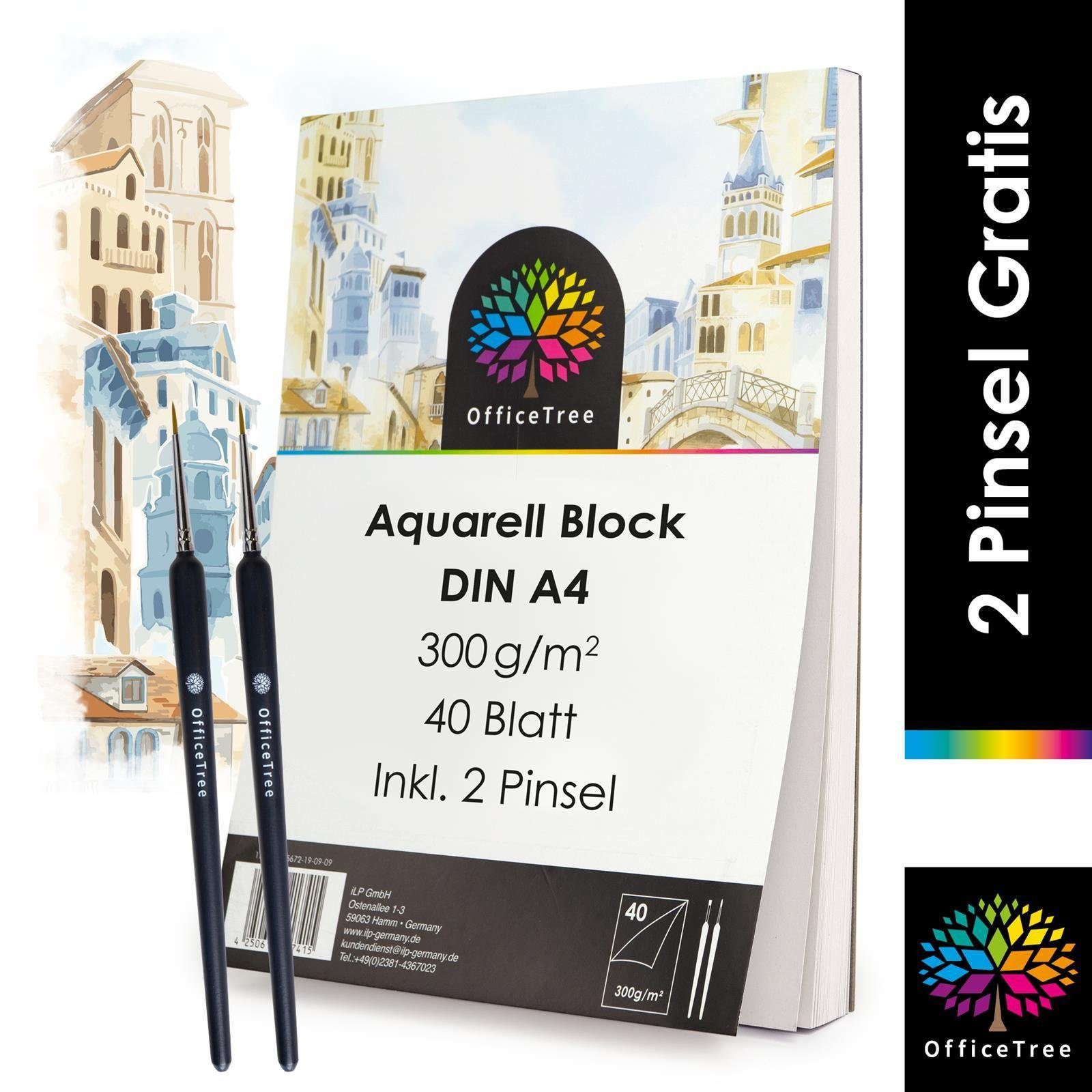 OfficeTree Aquarellblock Aquarellblock A4 300g /m², 40 Blatt -  Aquarellpapier Weiß – Zeichenblock A4 für Wasserfarben