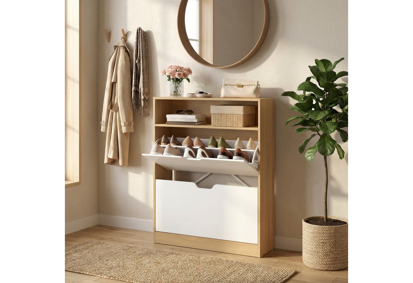 VASAGLE Schuhschrank Schuhkipper schmal, 2 oder 3 Klappen, offenes Fach oben Trennwand verstellbar, Höhe 102/139 cm, bis EU-Größe 45