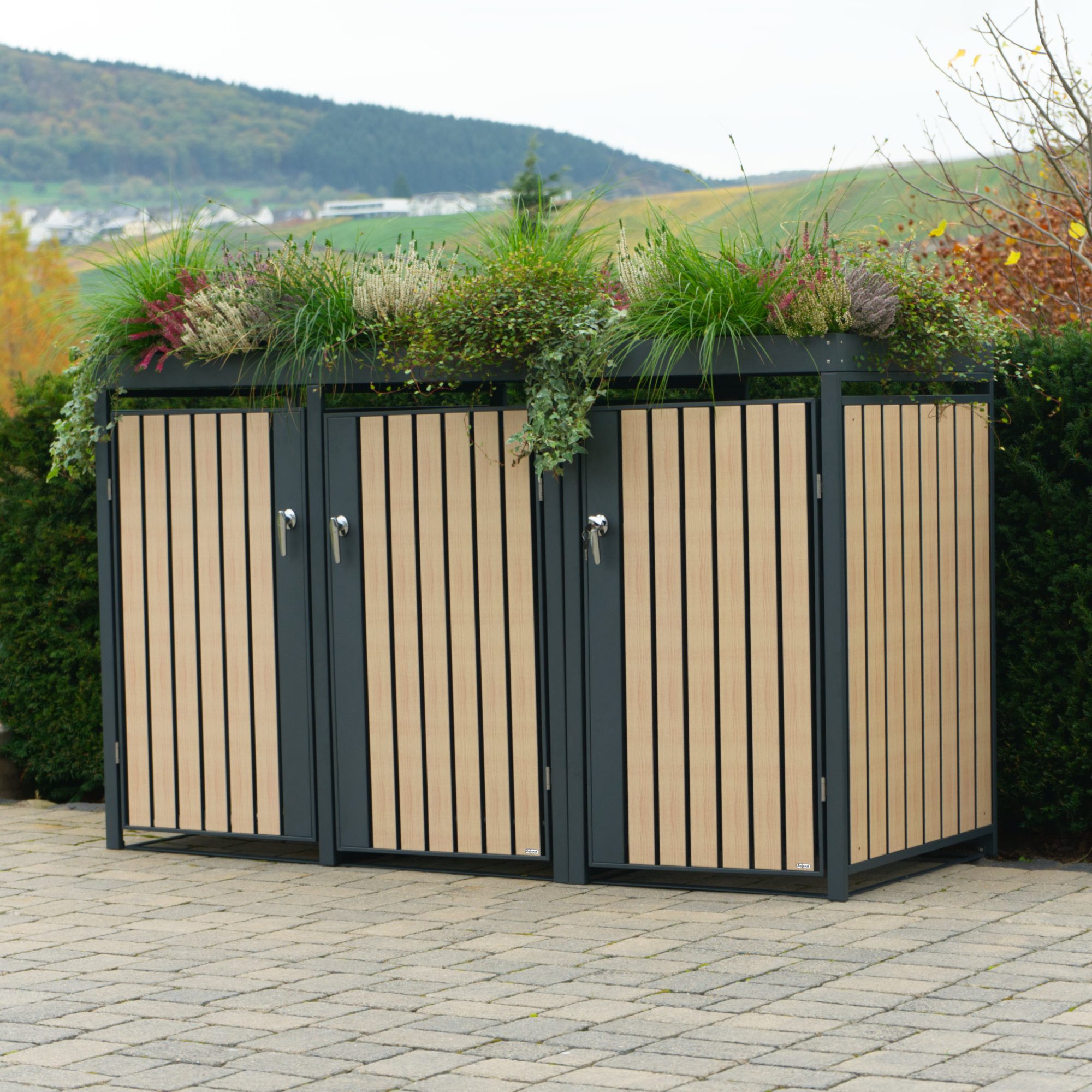 Zelsius Mülltonnenbox mit Pflanzdach für 3 Tonnen, 120 - 240 Liter, RAL 7016, Tür Holzoptik