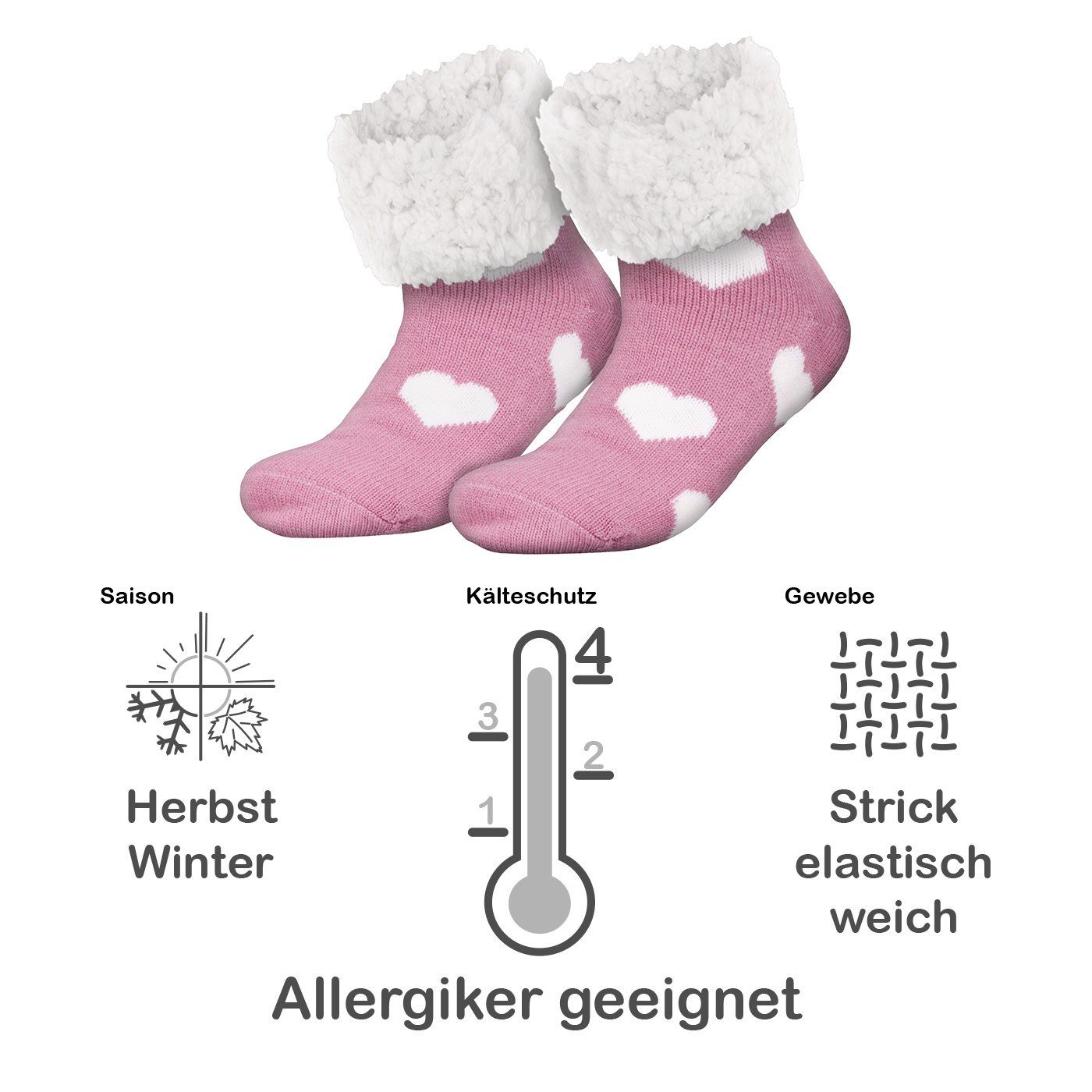 Kuschelsocken Noppensocken Sohle Rutsch Herren Damen Herzen compagno Wintersocken Kuschelsocken Anti rosa Einheitsgröße (1-Paar) Socken