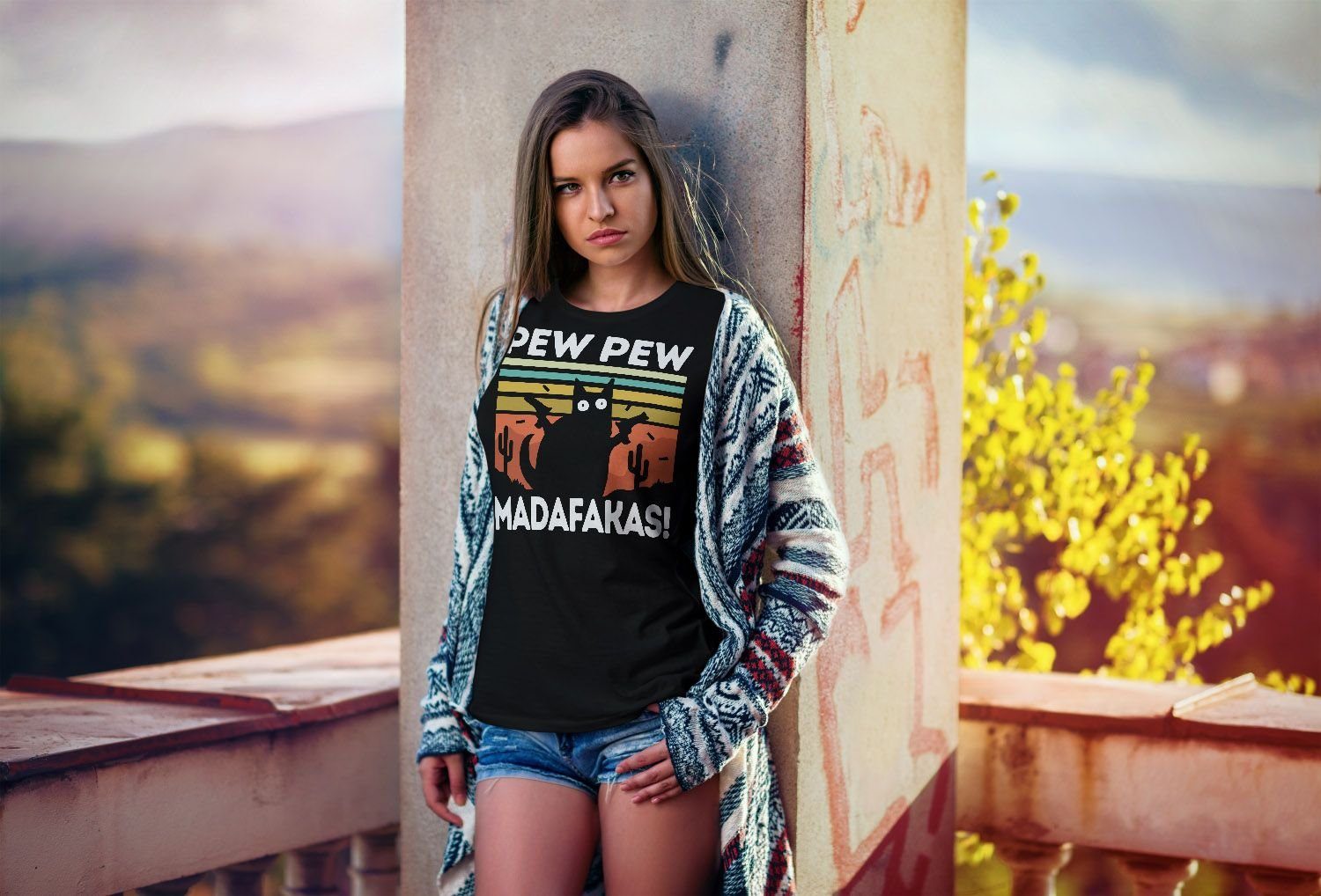 MoonWorks Print-Shirt Damen T-Shirt Pew Pew Madafakas! schwarze Katze Spruch Meme Frauen Fun-Shirt lustig Moonworks® mit Print