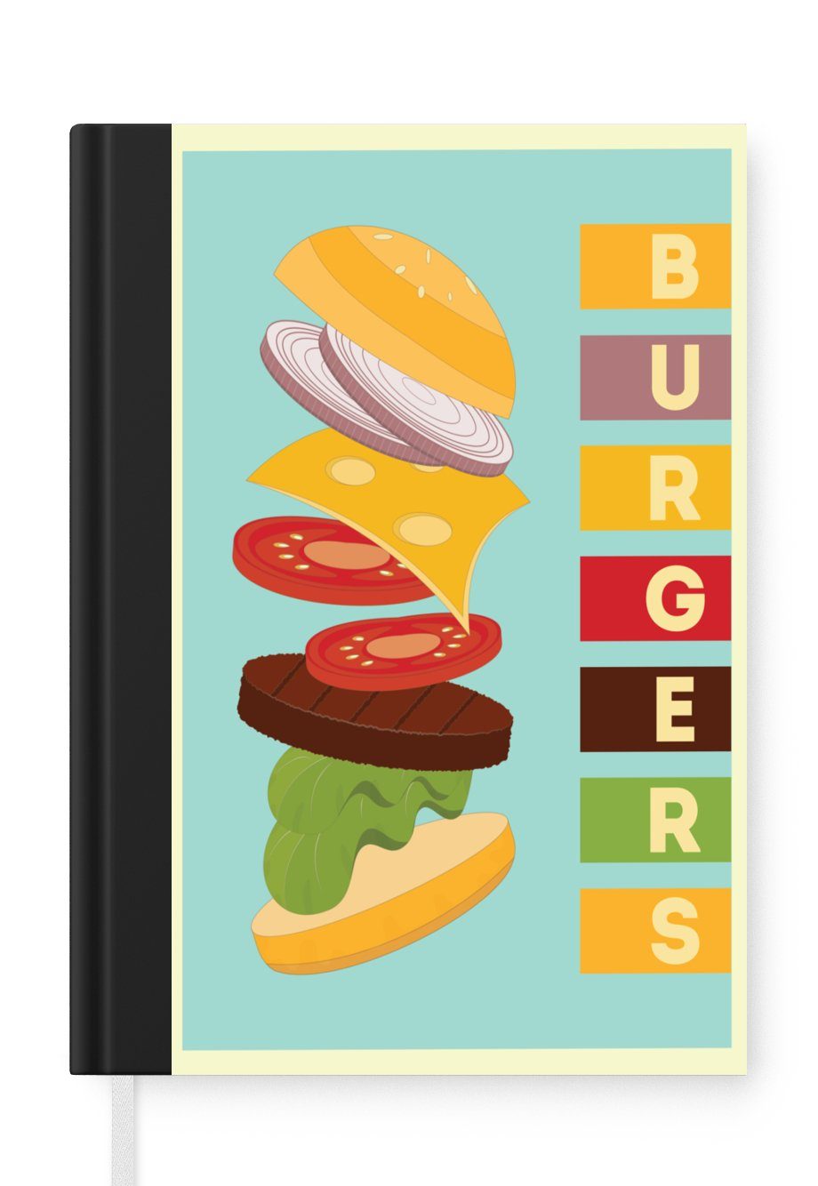 MuchoWow Notizbuch Burger - Vintage - Mannshöhle - Blau - Fastfood, Journal, Merkzettel, Tagebuch, Notizheft, A5, 98 Seiten, Haushaltsbuch | Notizbücher