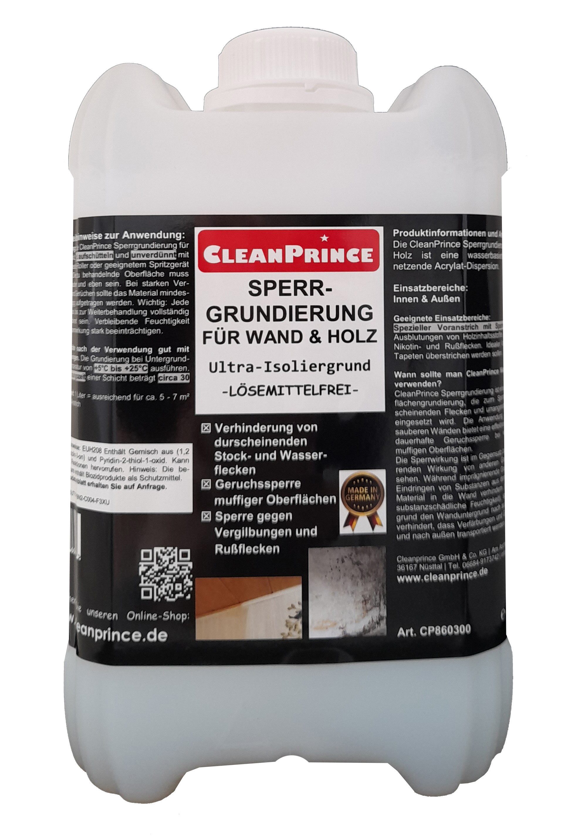 CleanPrince Isoliergrundierung Sperrgrundierung für Wand & Holz CP860300 Ultra-Isoliergrund, Oberflächengrundierung zum Sperren von Flecken und Gerüchen