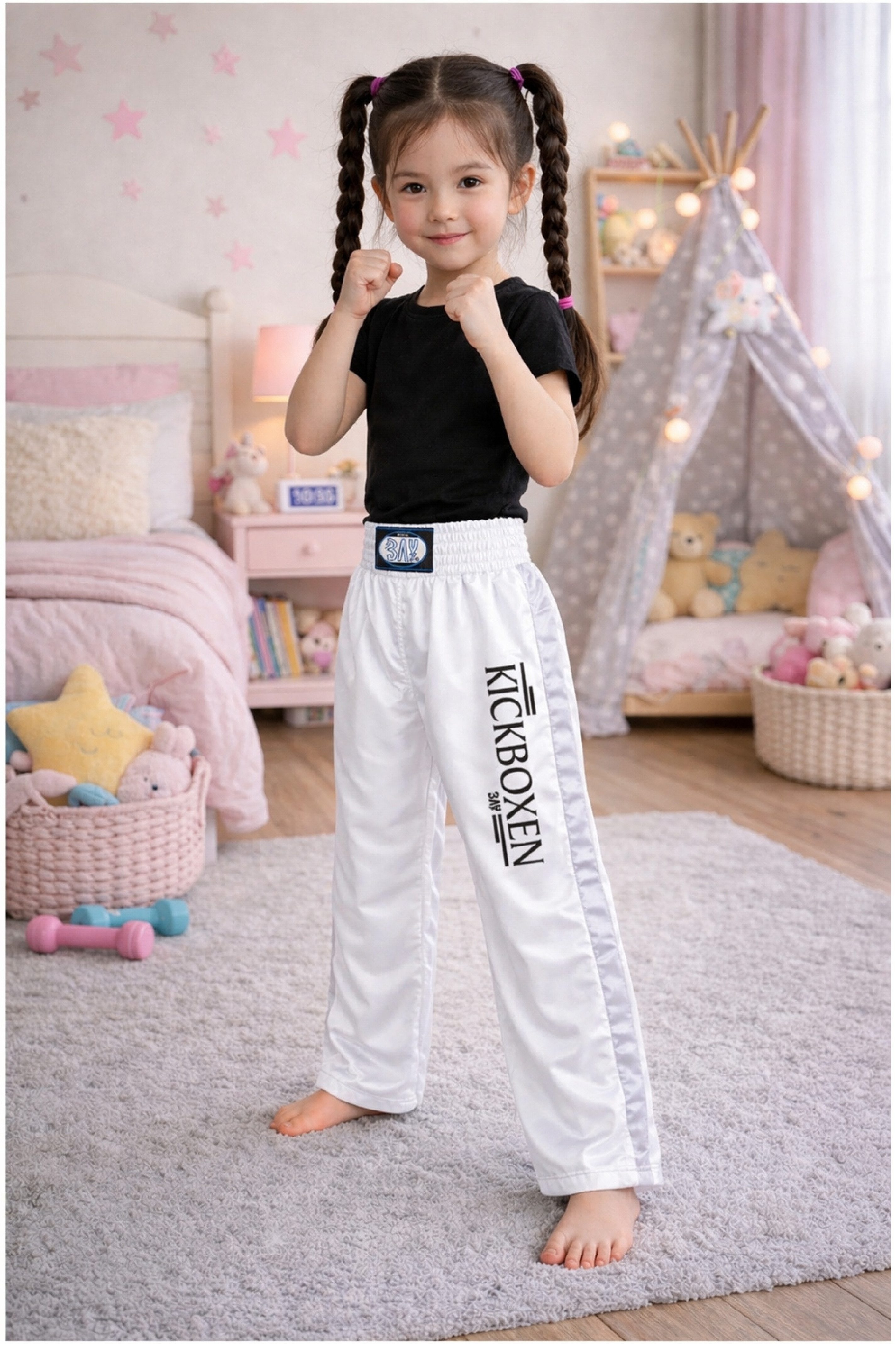 BAY-Sports Sporthose Kickboxhose EDEL STICK Hose lang Kickboxen Kampfsport lange, leichte, locker sitzende Trainingshose, Weiß/Silbergrau