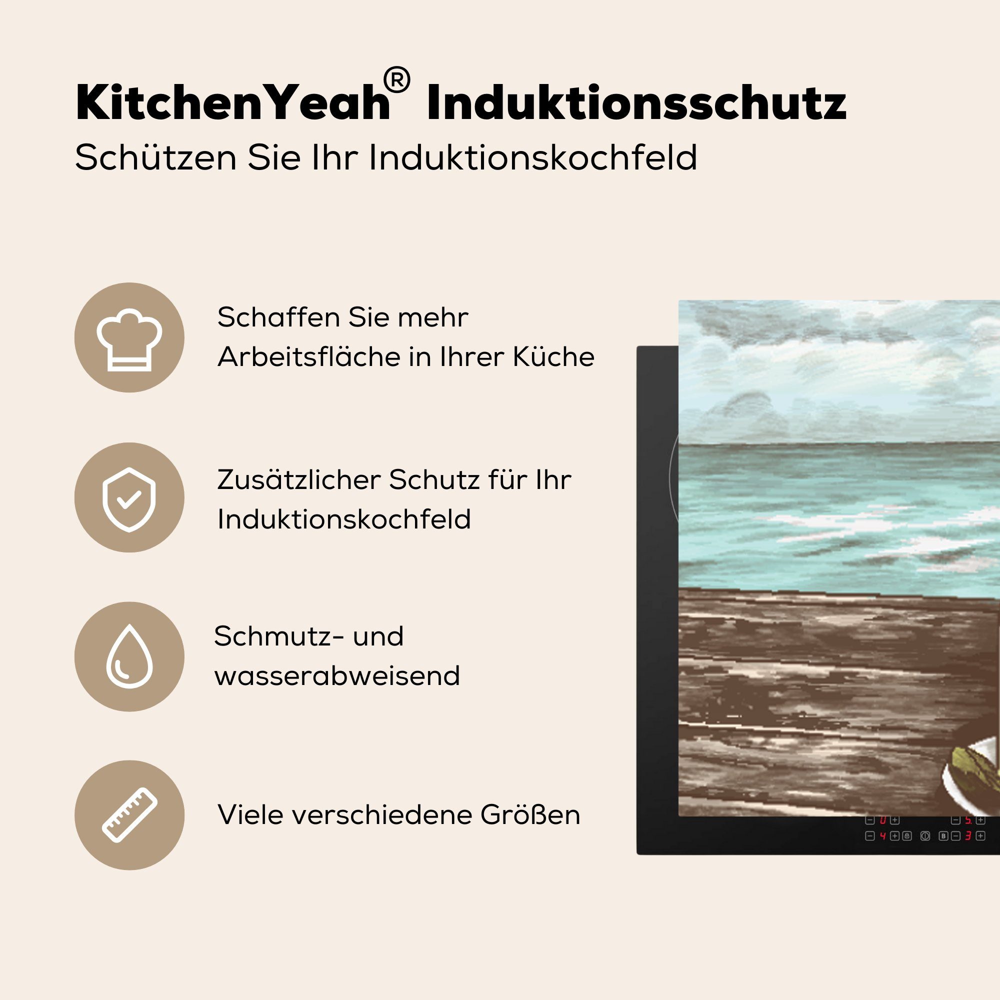 MuchoWow Herdblende-/Abdeckplatte Meer - Tee cm, für Vinyl, Arbeitsplatte küche - 78x78 (1 Becher, Ceranfeldabdeckung, tlg)
